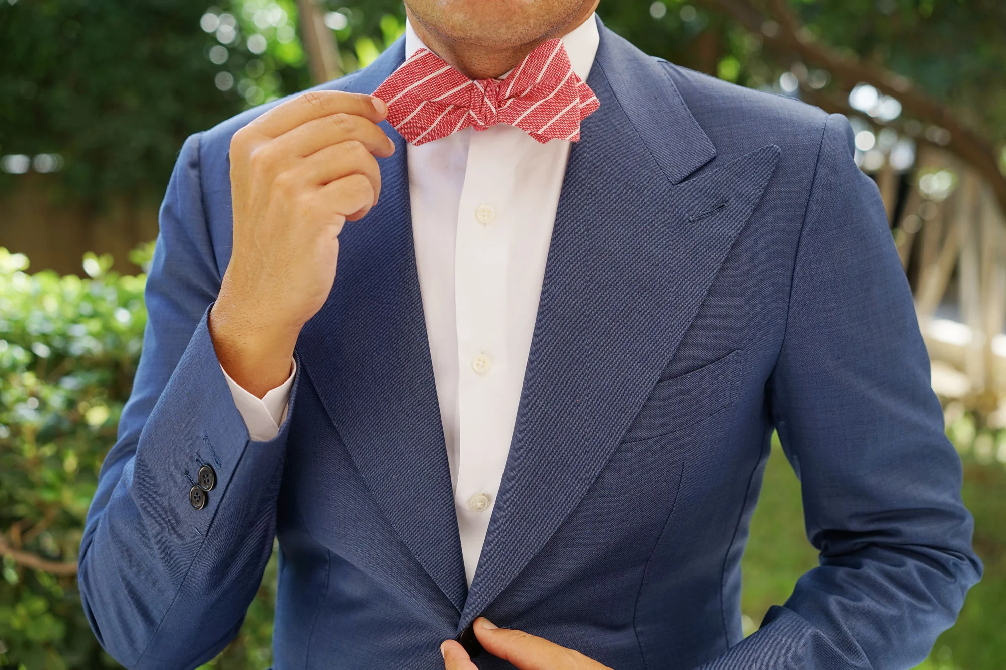 Crimson Red Linen Pinstripe Diamond Self Bow Tie - Image 7