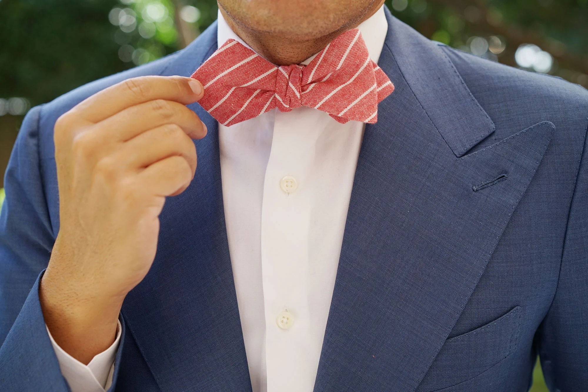 Crimson Red Linen Pinstripe Diamond Self Bow Tie - Image 8