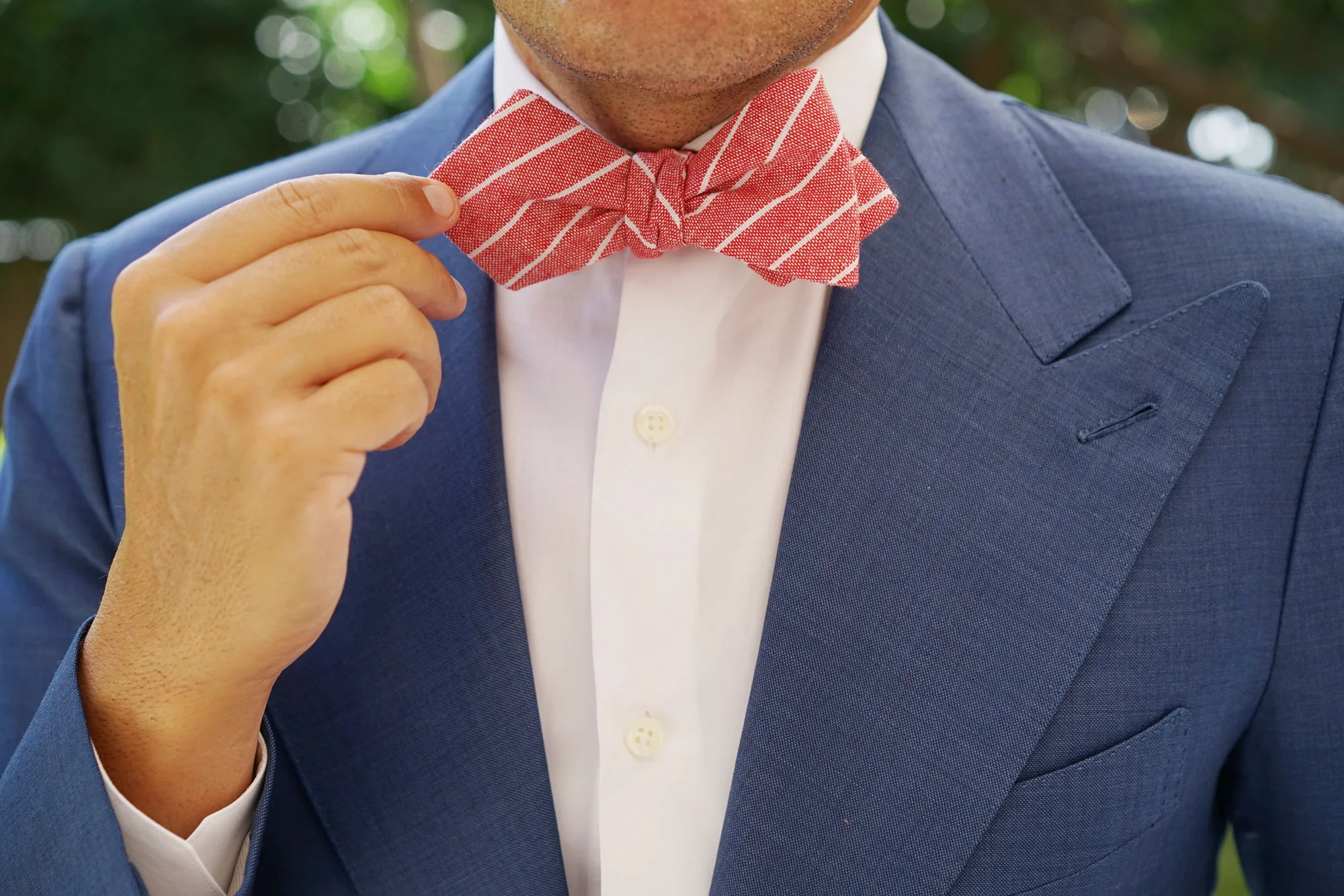 Crimson Red Linen Pinstripe Diamond Self Bow Tie - Image 9