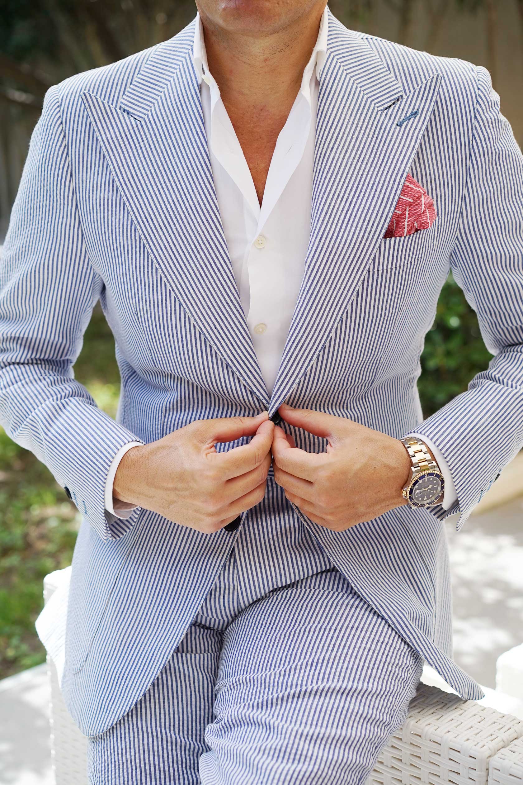 Crimson Red Linen Pinstripe Pocket Square - Image 4