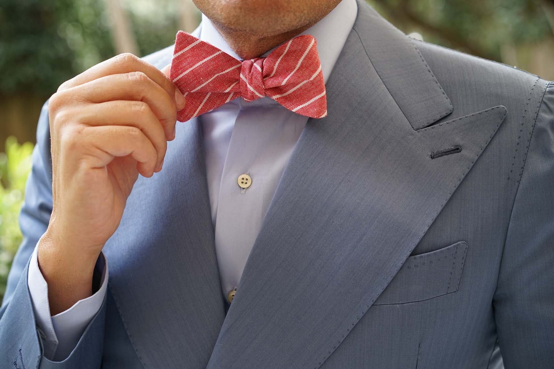Crimson Red Linen Pinstripe Self Bow Tie - Image 7