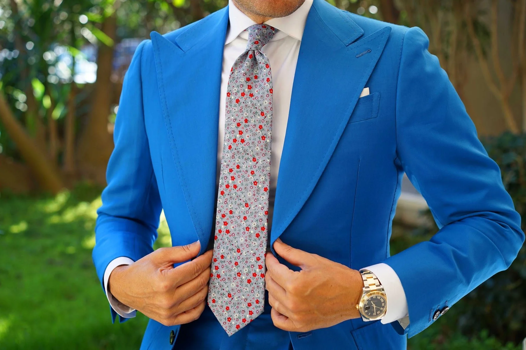 Crimson Rose Steel-Blue Floral Necktie - Image 6