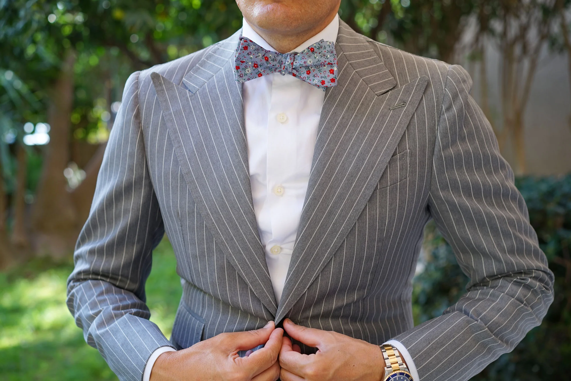 Crimson Rose Steel-Blue Floral Self Bow Tie - Image 4