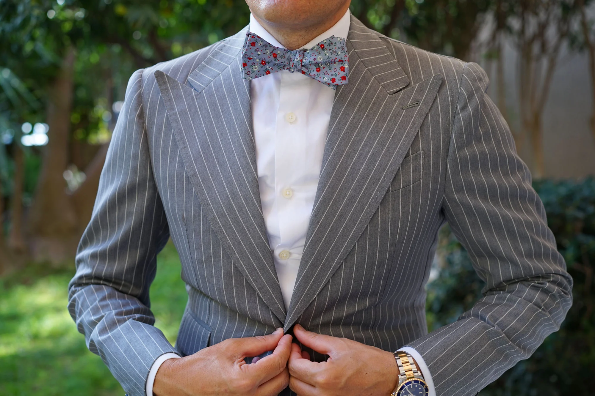 Crimson Rose Steel-Blue Floral Self Bow Tie - Image 8