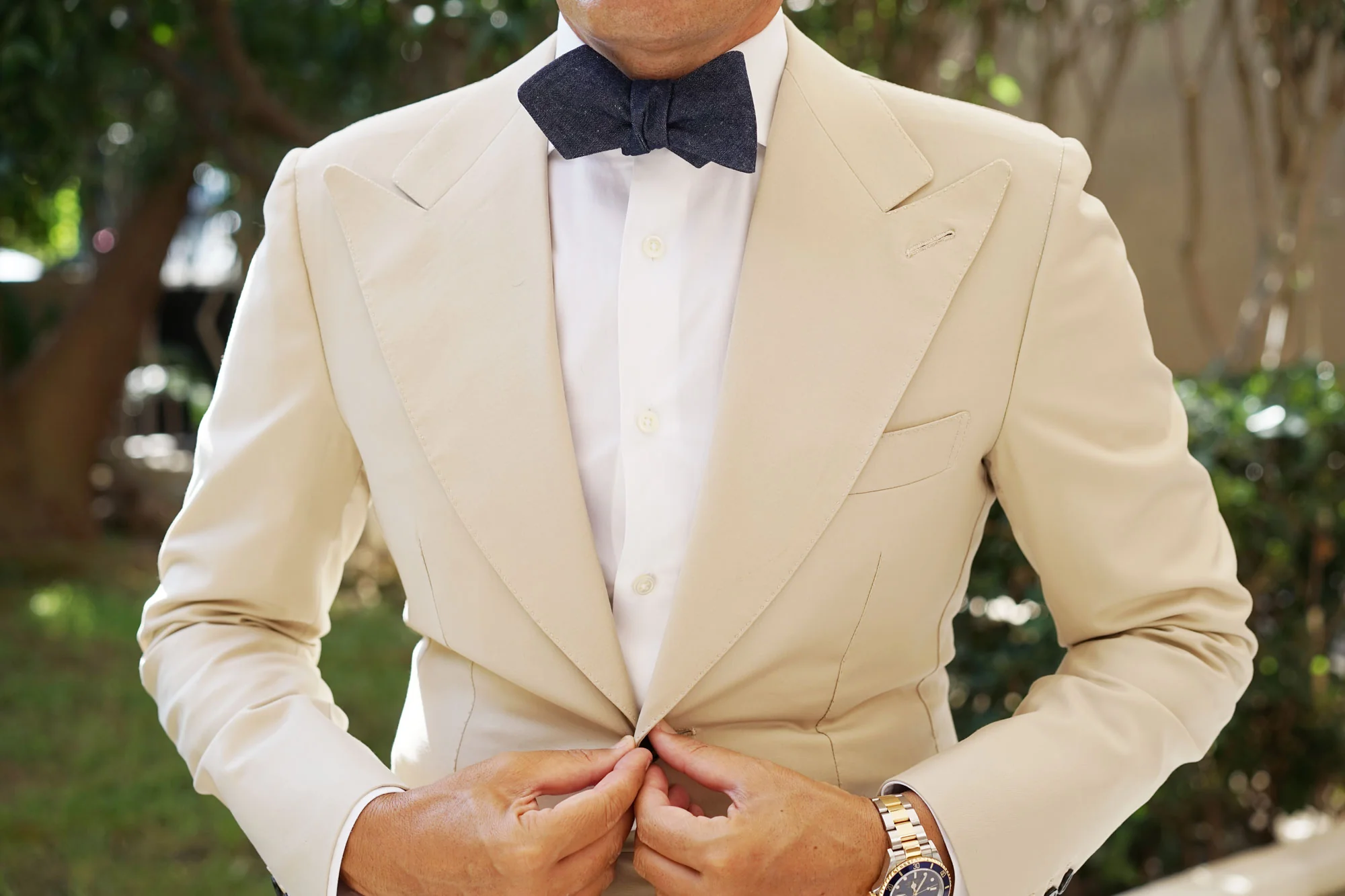 Dark Blue Raw Denim Linen Diamond Self Bow Tie - Image 5
