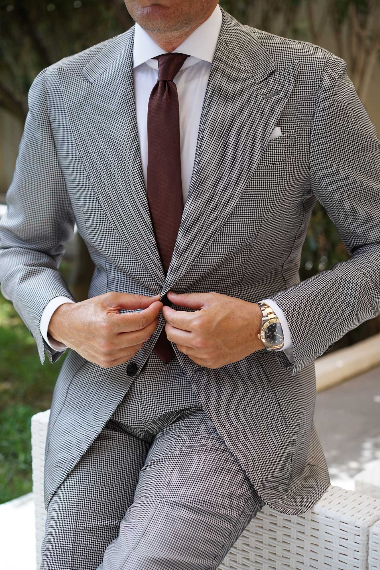 Dark Brown Basket Weave Skinny Tie - Image 9