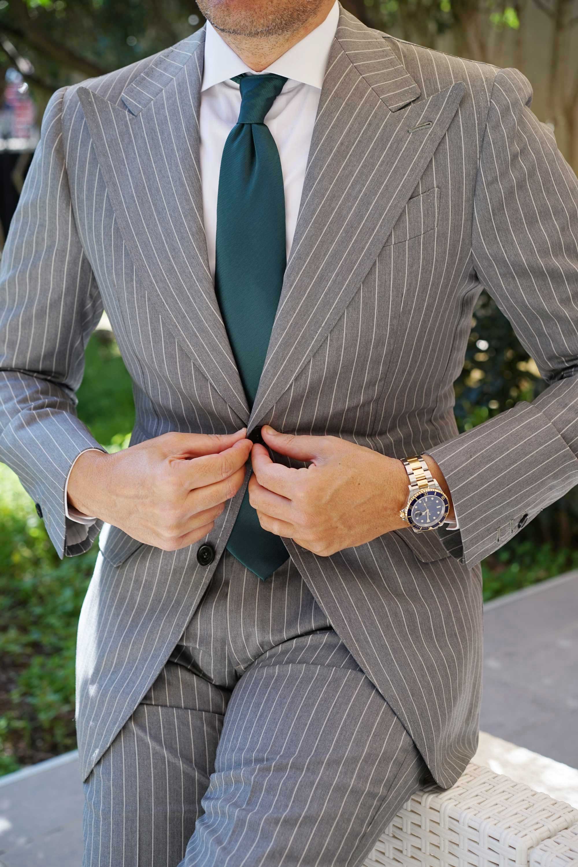 Dark Green Herringbone Necktie - Image 5