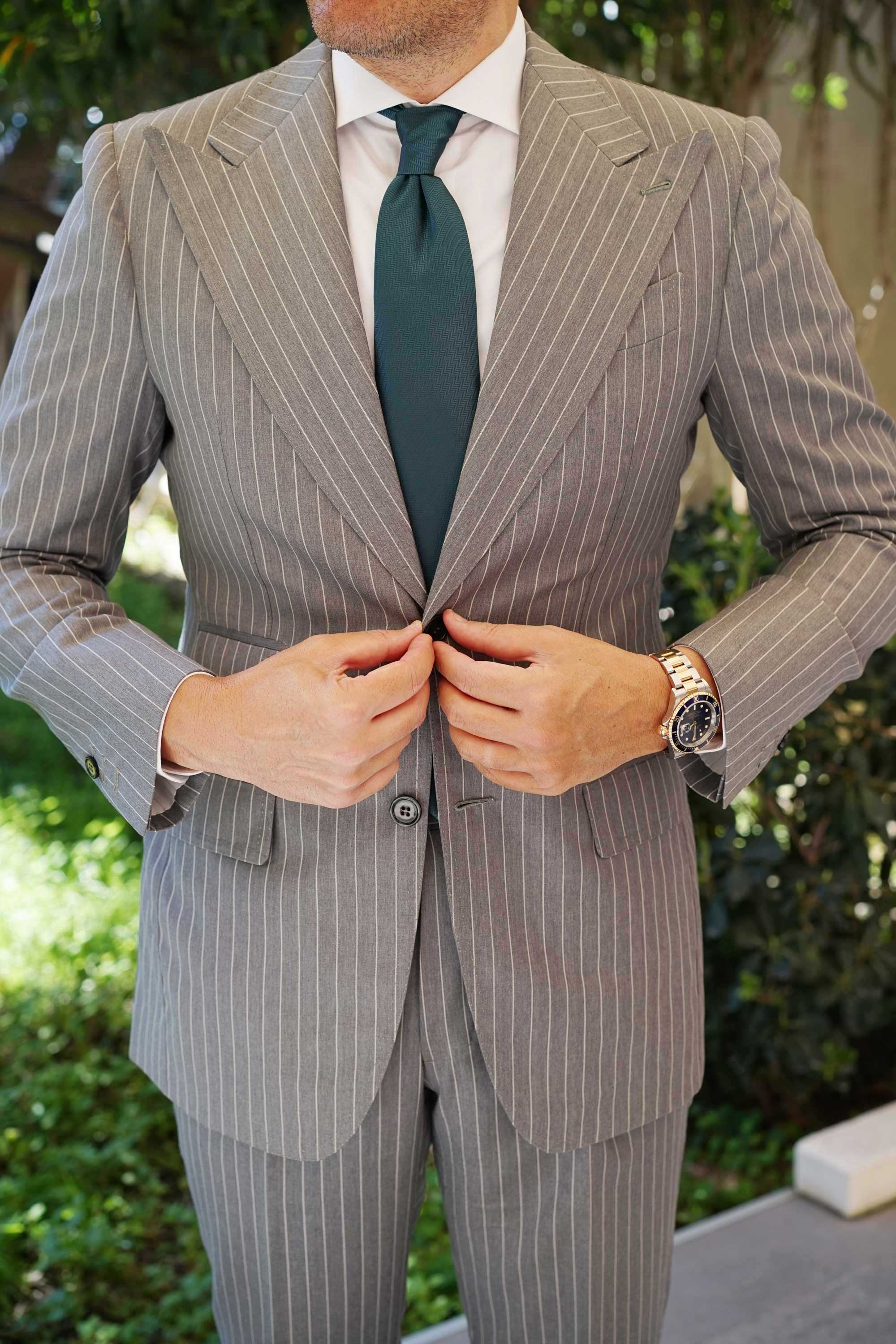 Dark Green Herringbone Necktie - Image 6