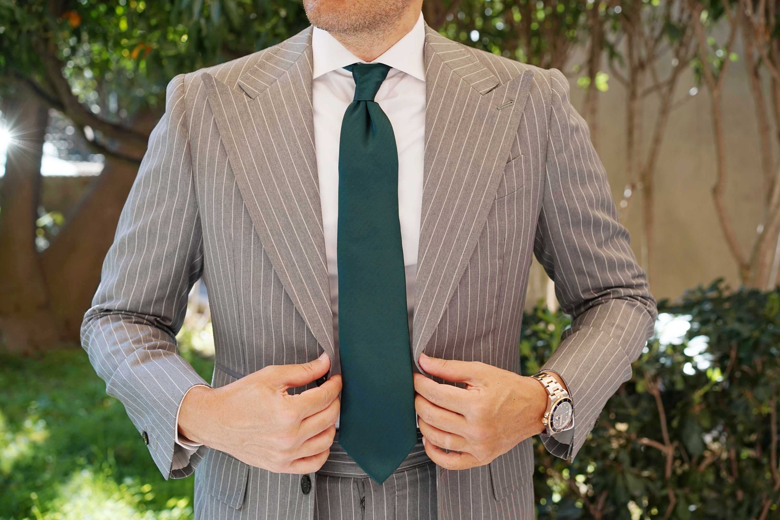 Dark Green Herringbone Necktie - Image 7