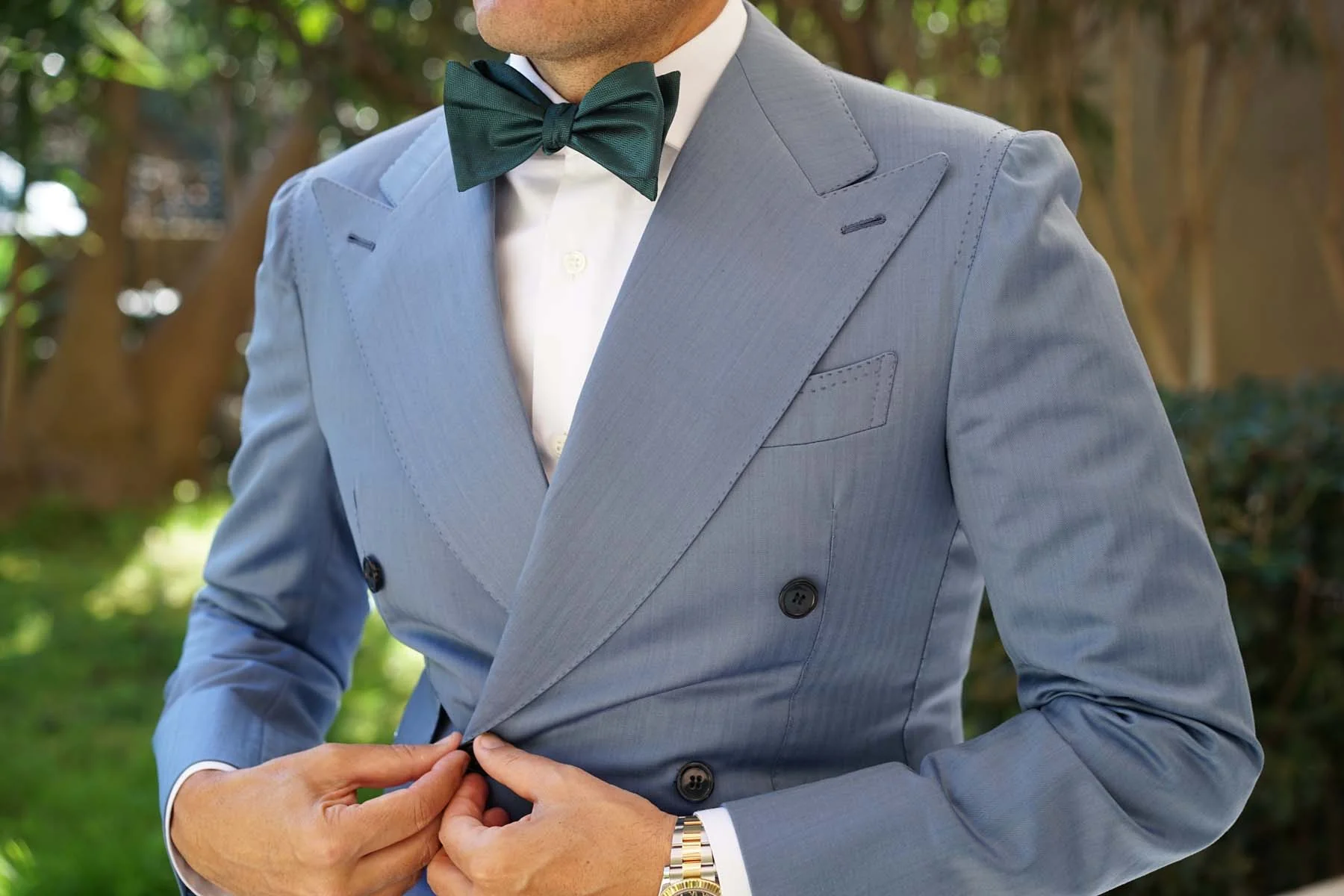Dark Green Herringbone Self Bow Tie - Image 4