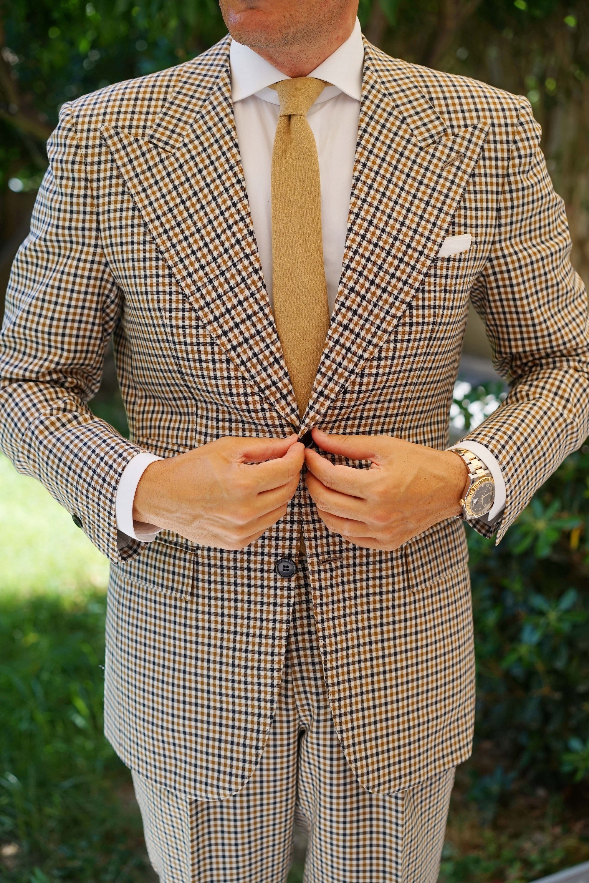 Dark Khaki Tan Linen Skinny Tie - Image 5