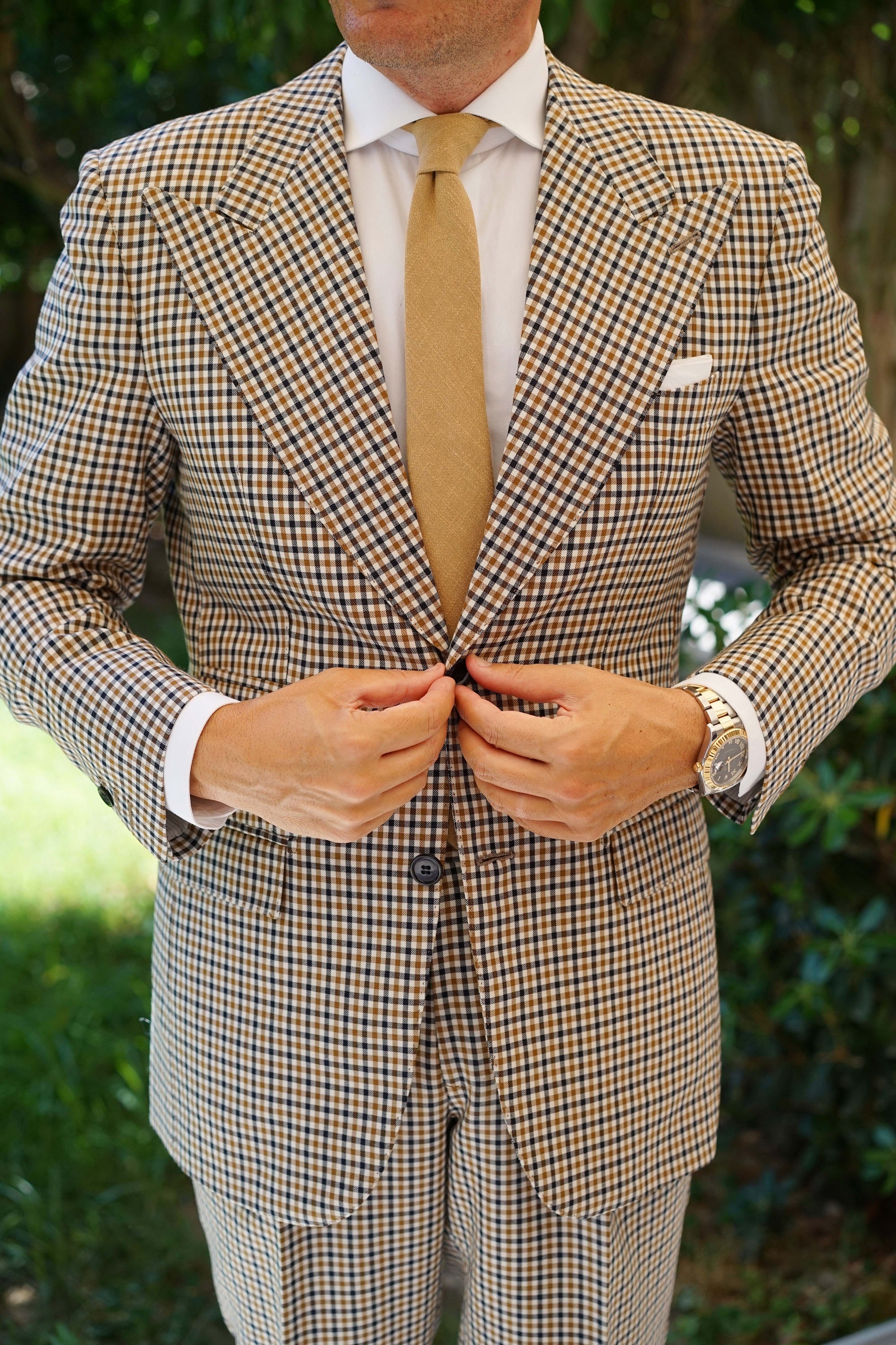 Dark Khaki Tan Linen Skinny Tie - Image 6