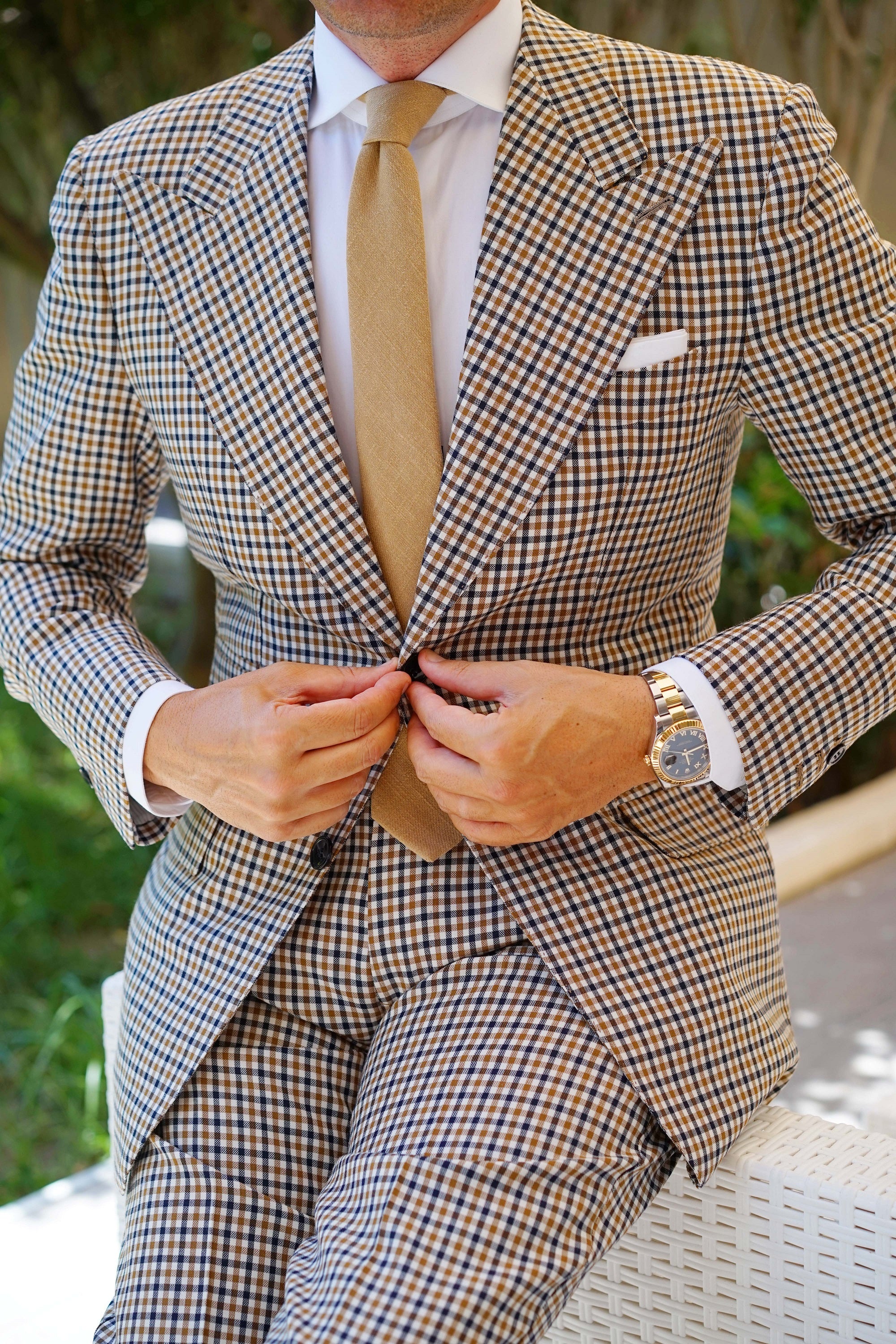 Dark Khaki Tan Linen Skinny Tie - Image 7