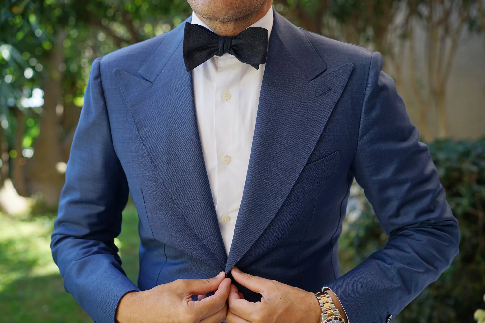 Dark Midnight Blue Linen Self Bow Tie - Image 4
