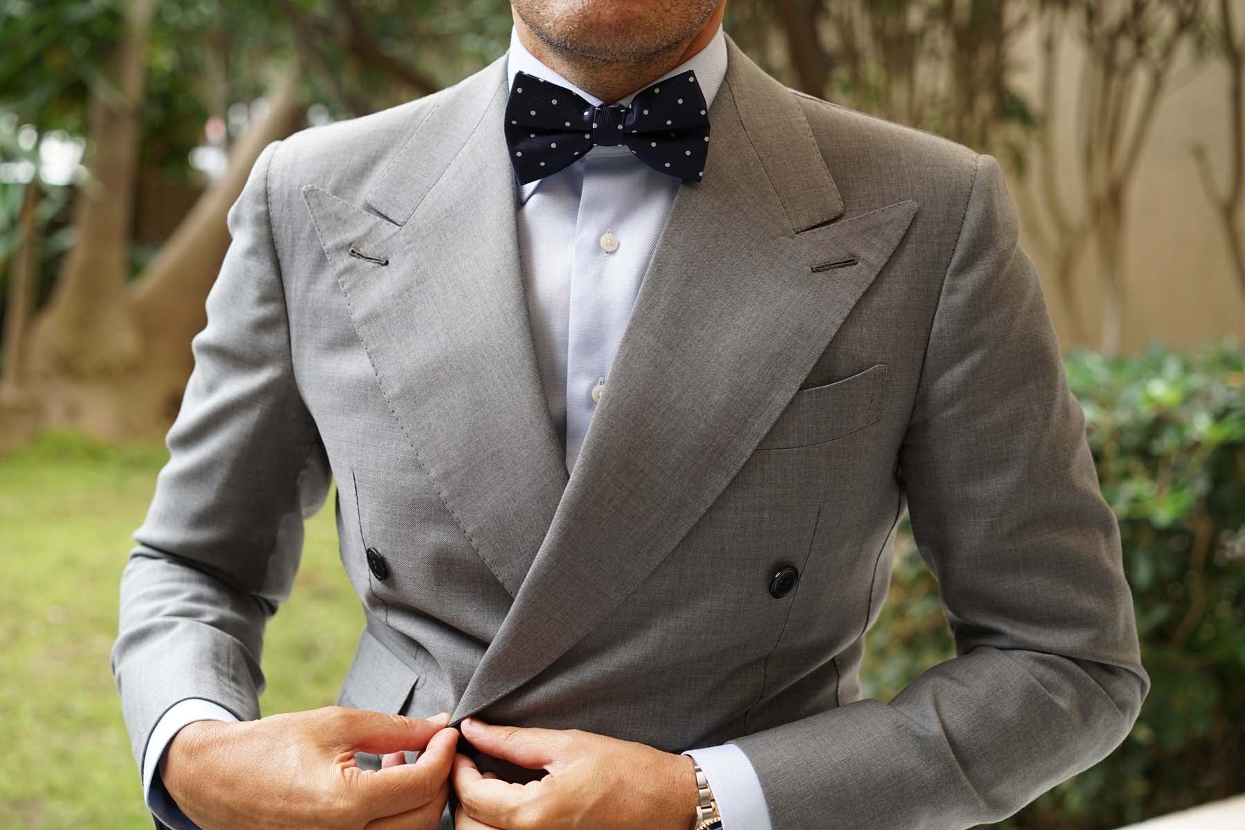Dark Midnight Blue with White Polka Dots Bow Tie - Image 4