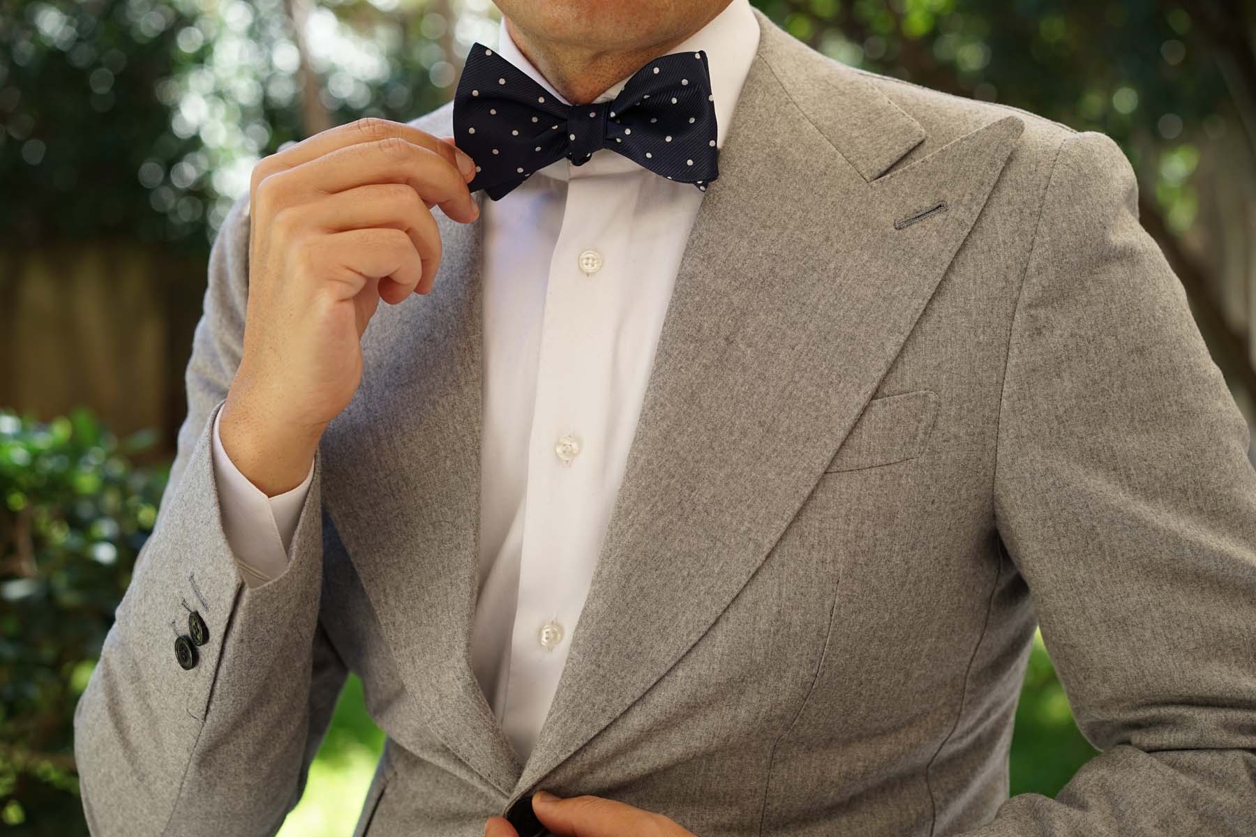 Dark Midnight Blue with White Polka Dots Self Tie Bow Tie - Image 6