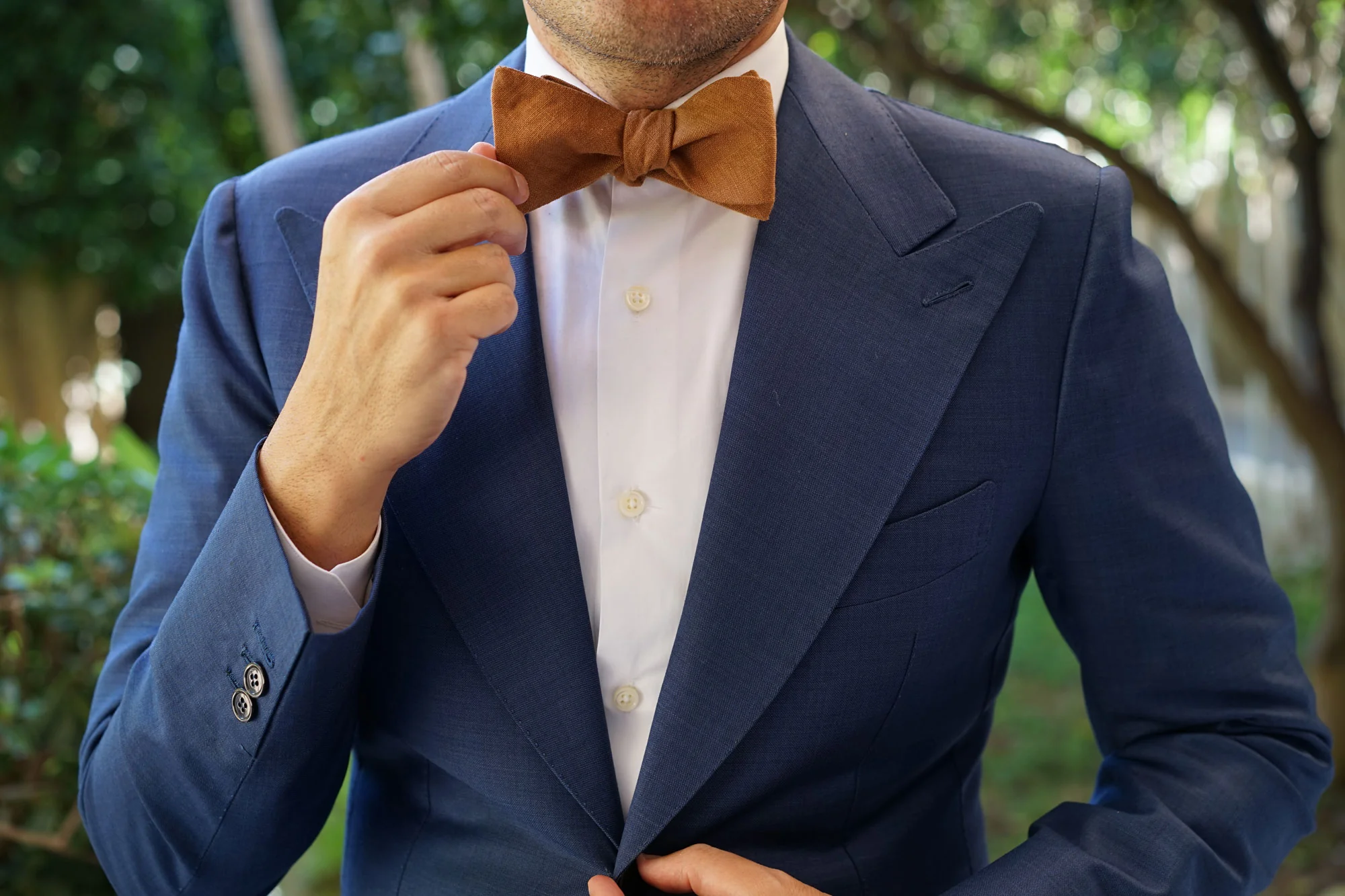 Dark Mustard Brown Linen Self Bow Tie - Image 7