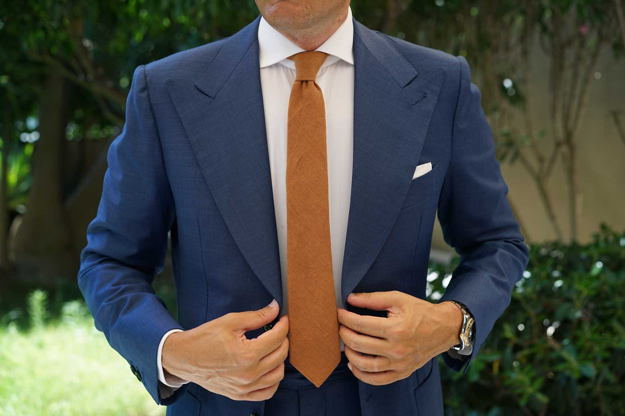 Dark Mustard Brown Linen Skinny Tie - Image 6