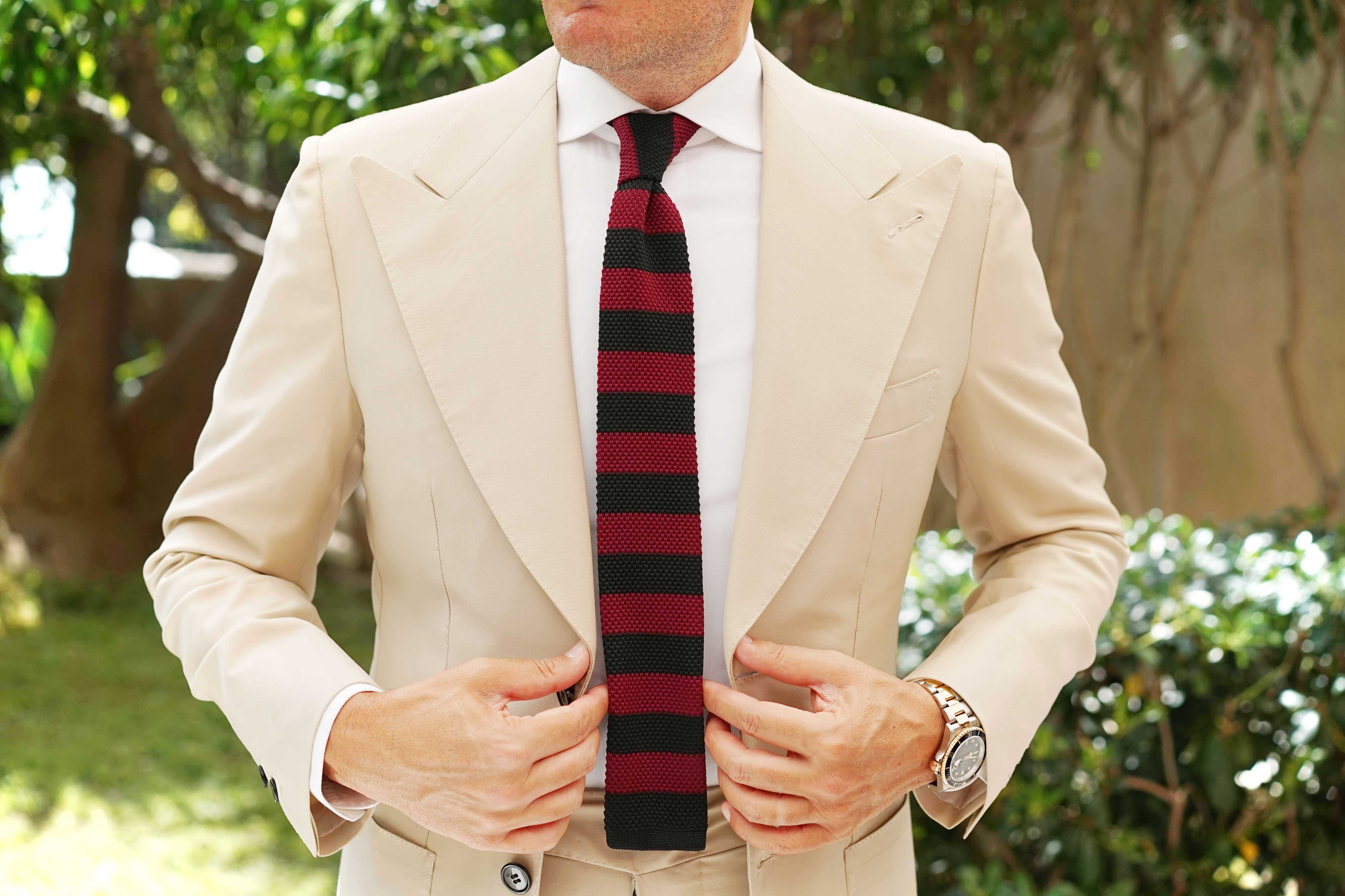 Del Toro Black & Burgundy Striped Knitted Tie - Image 5