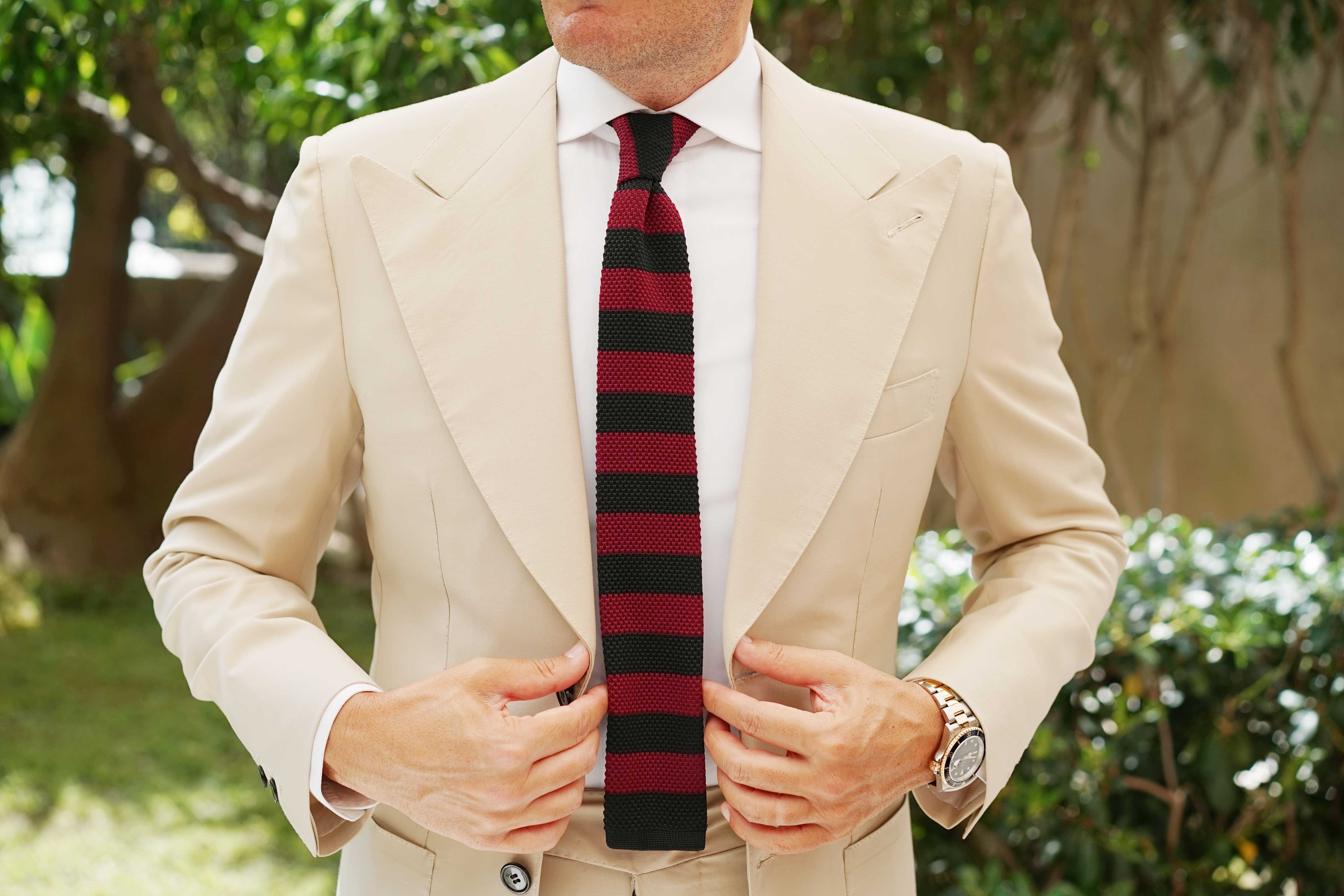 Del Toro Black & Burgundy Striped Knitted Tie - Image 7