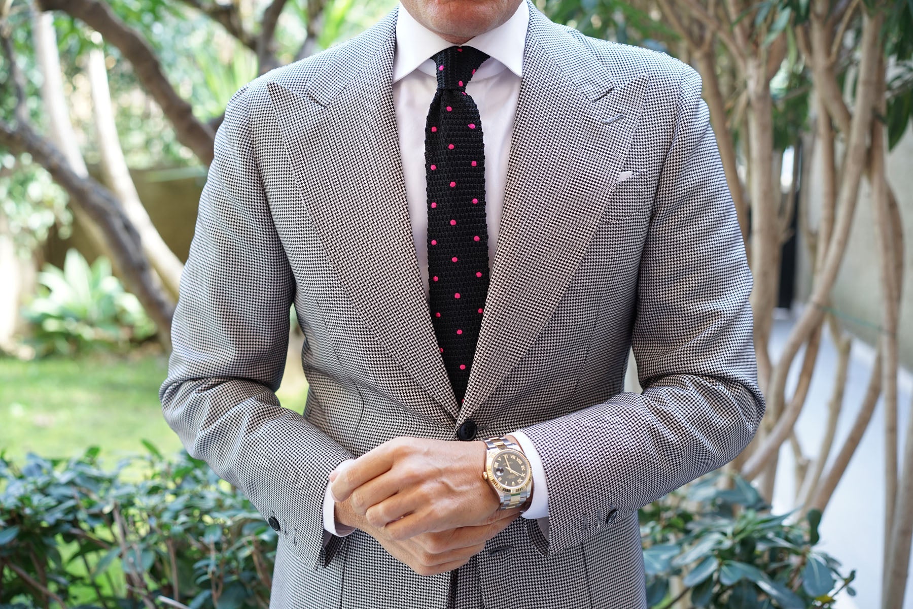 DeVito Black with Pink Polkadots Knitted Tie - Image 7