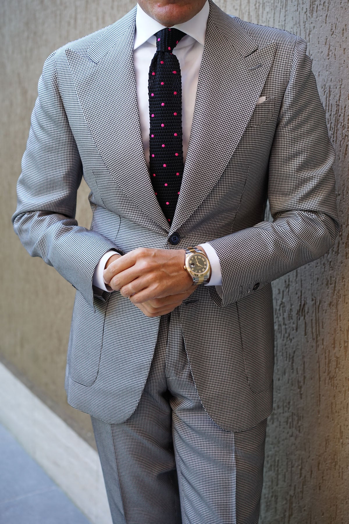 DeVito Black with Pink Polkadots Knitted Tie - Image 8