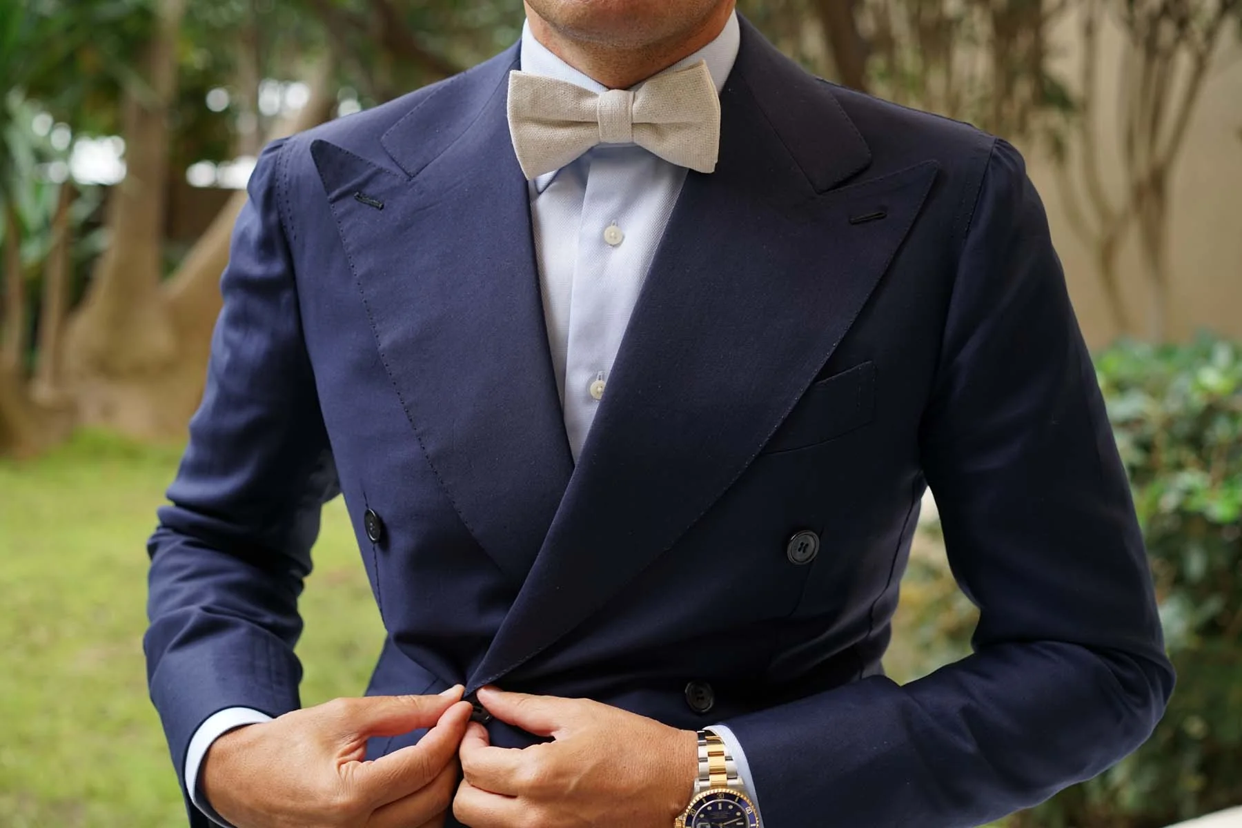 Dry Khaki White Linen Bow Tie - Image 6