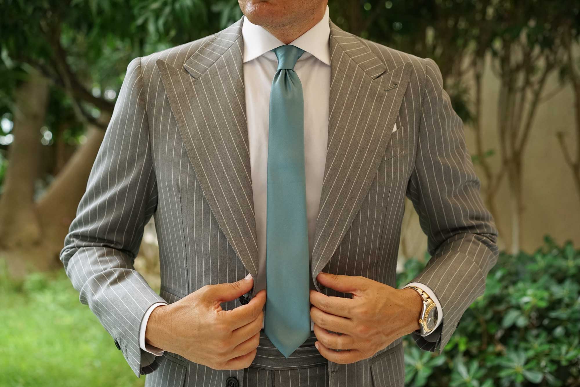 Dusty Jade Green Satin Skinny Tie - Image 4