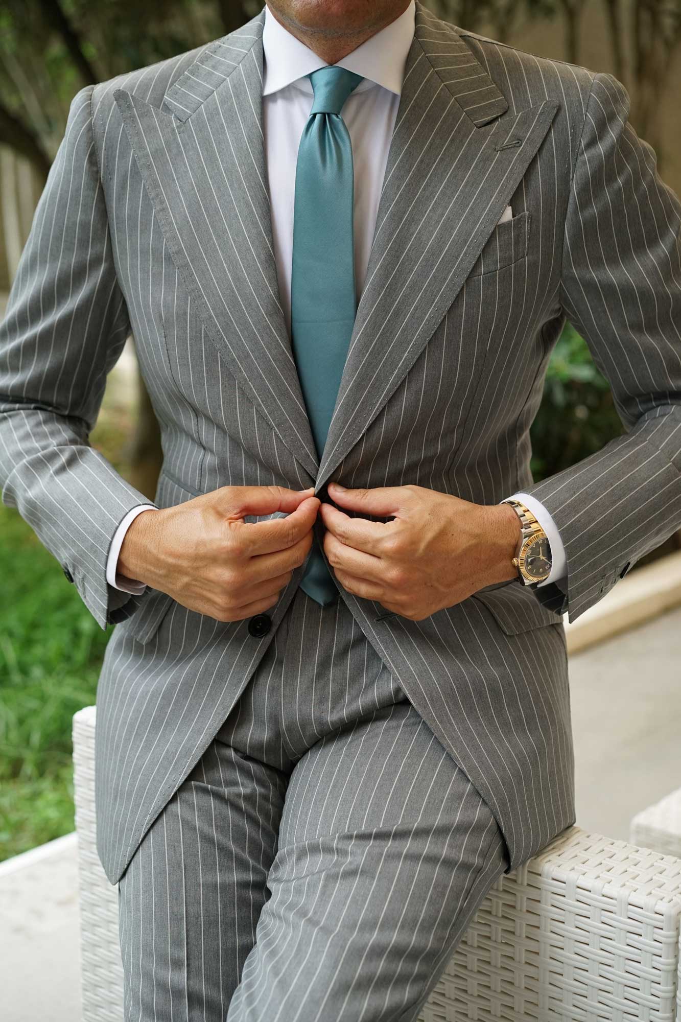 Dusty Jade Green Satin Skinny Tie - Image 7