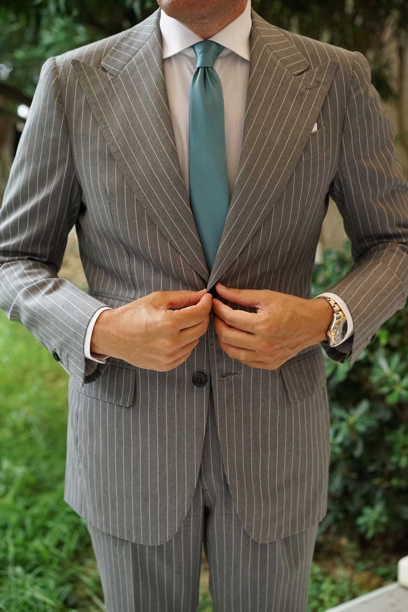 Dusty Jade Green Satin Skinny Tie - Image 8