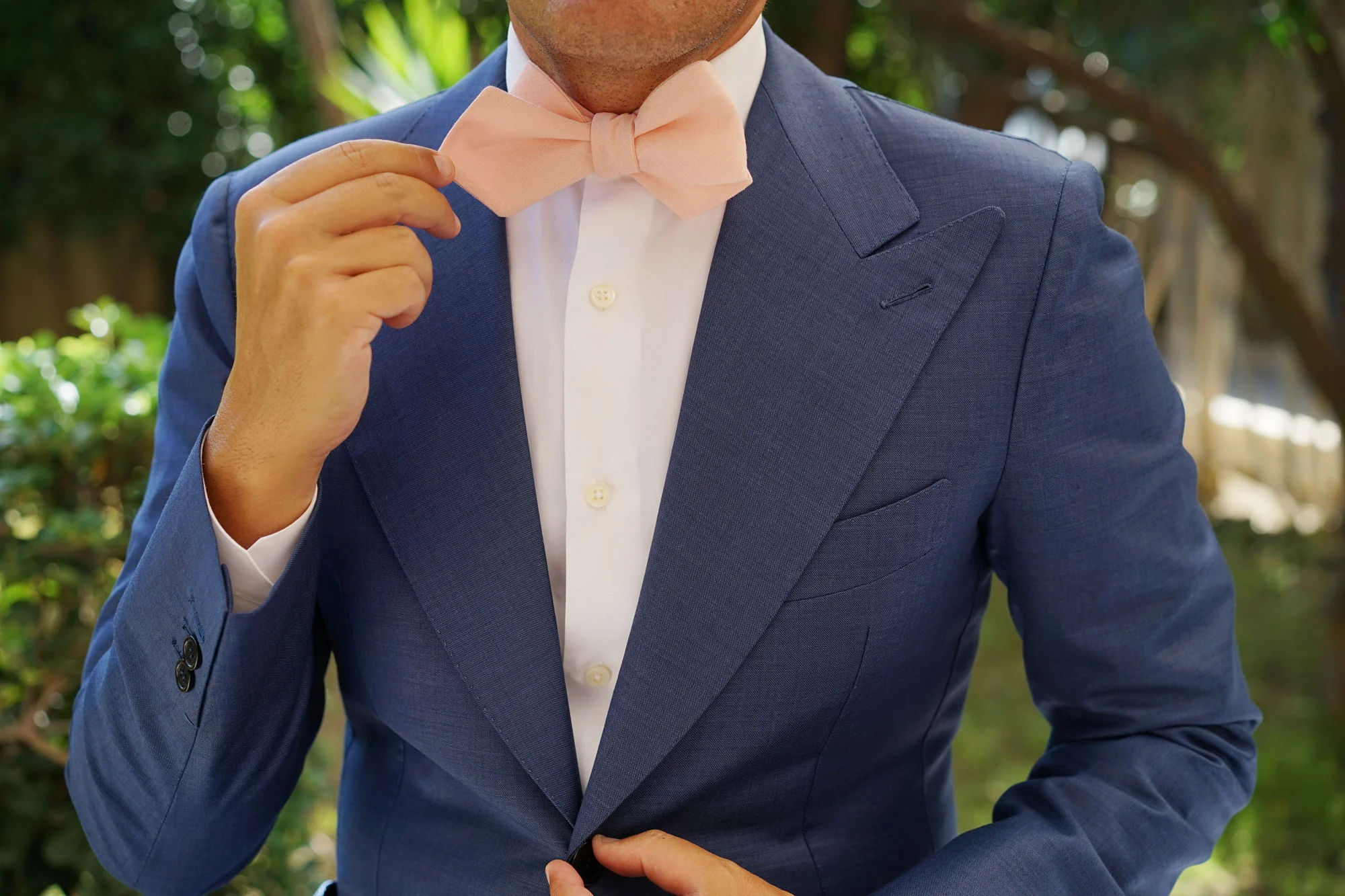 Dusty Peach Slub Linen Self Tie Diamond Tip Bow Tie - Image 10