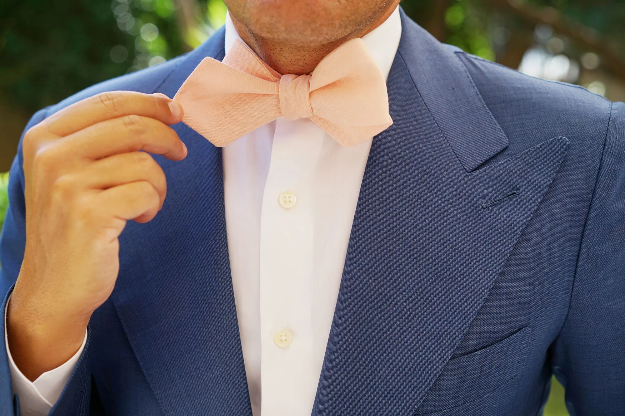 Dusty Peach Slub Linen Self Tie Diamond Tip Bow Tie - Image 11