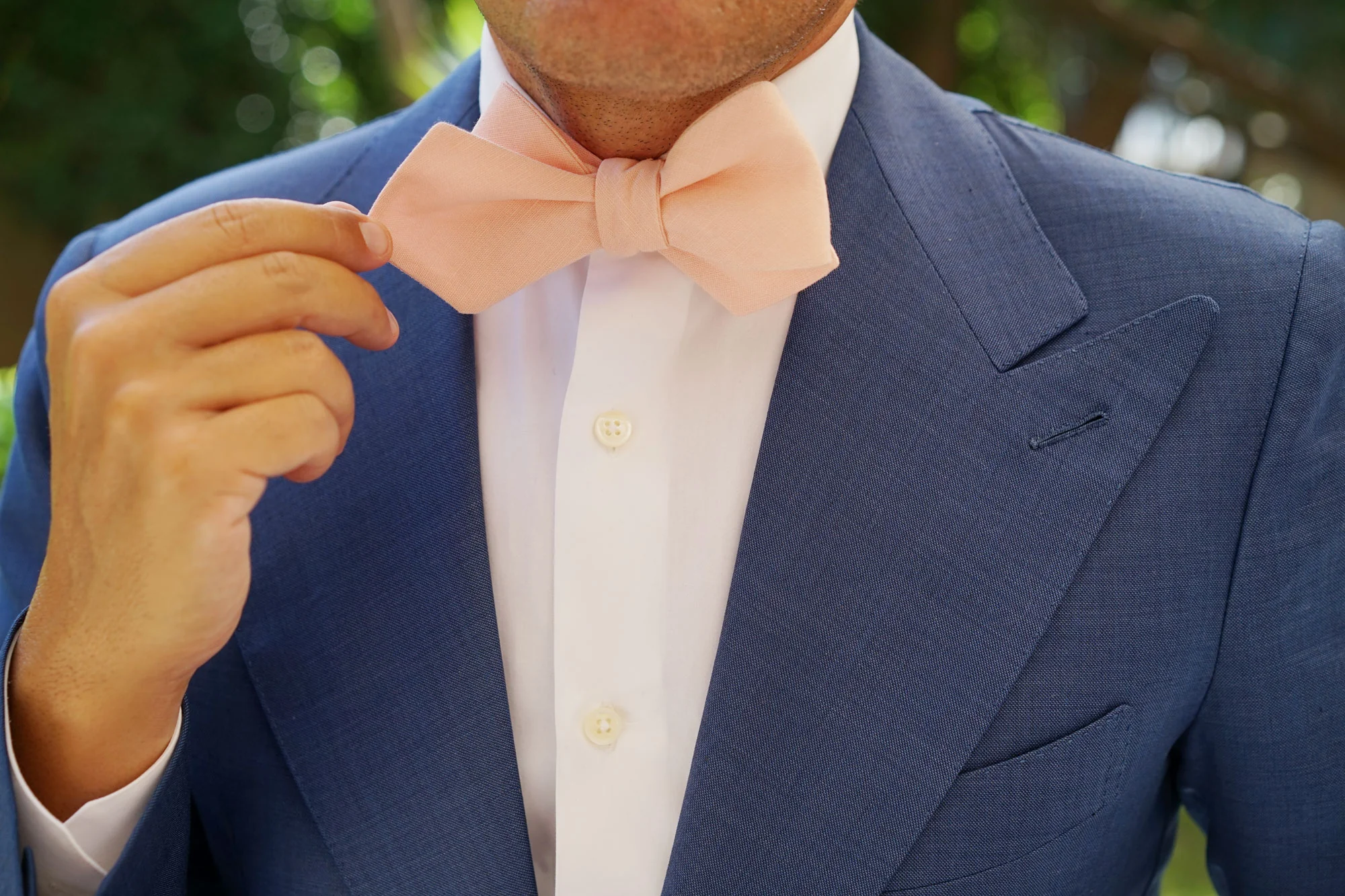 Dusty Peach Slub Linen Self Tie Diamond Tip Bow Tie - Image 12