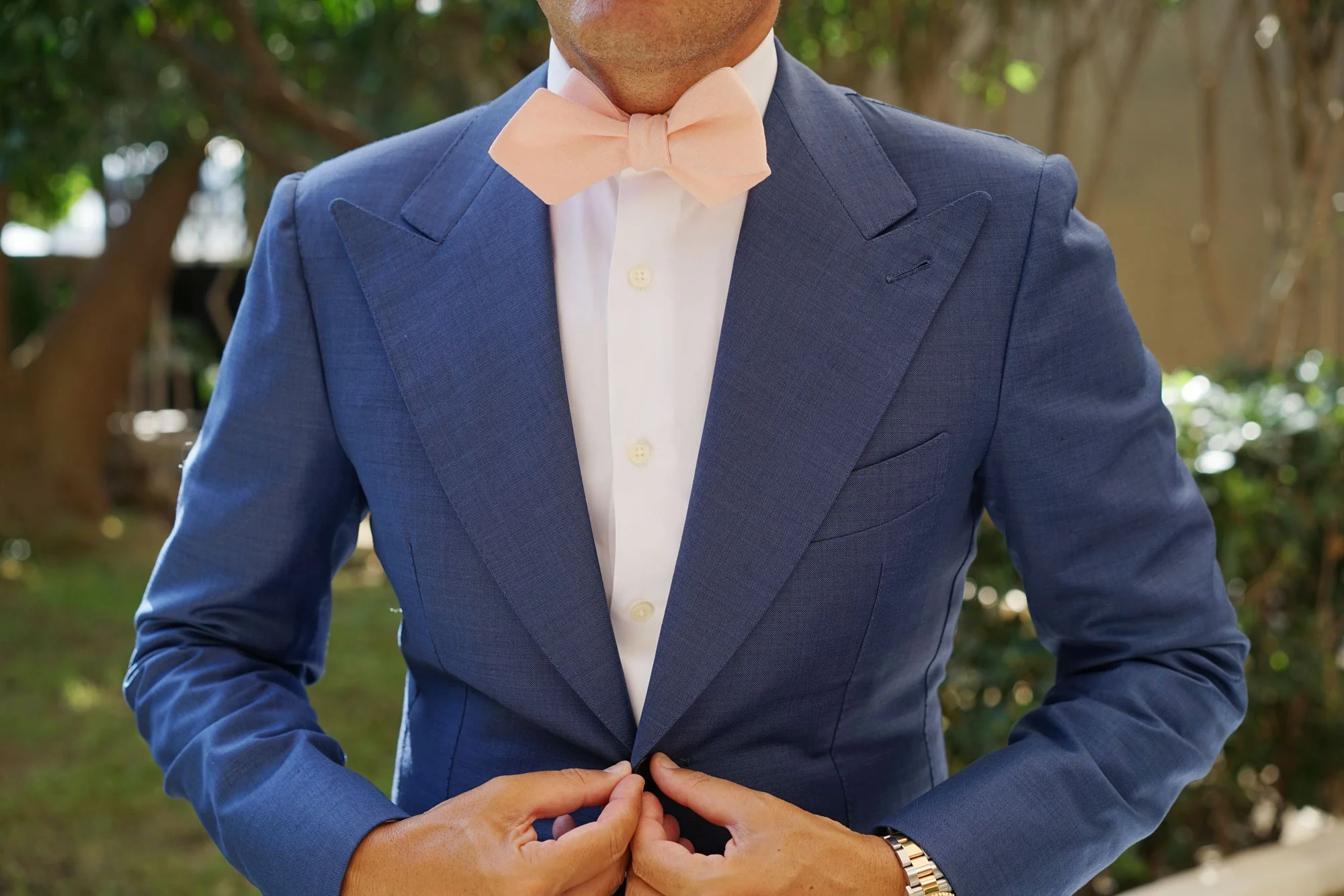 Dusty Peach Slub Linen Self Tie Diamond Tip Bow Tie - Image 6