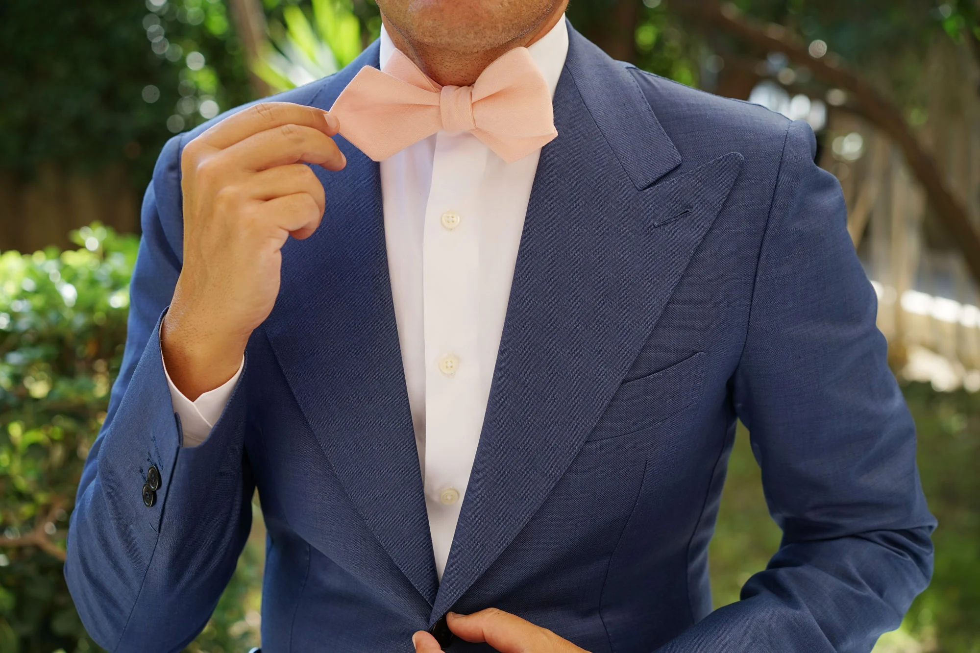 Dusty Peach Slub Linen Self Tie Diamond Tip Bow Tie - Image 9