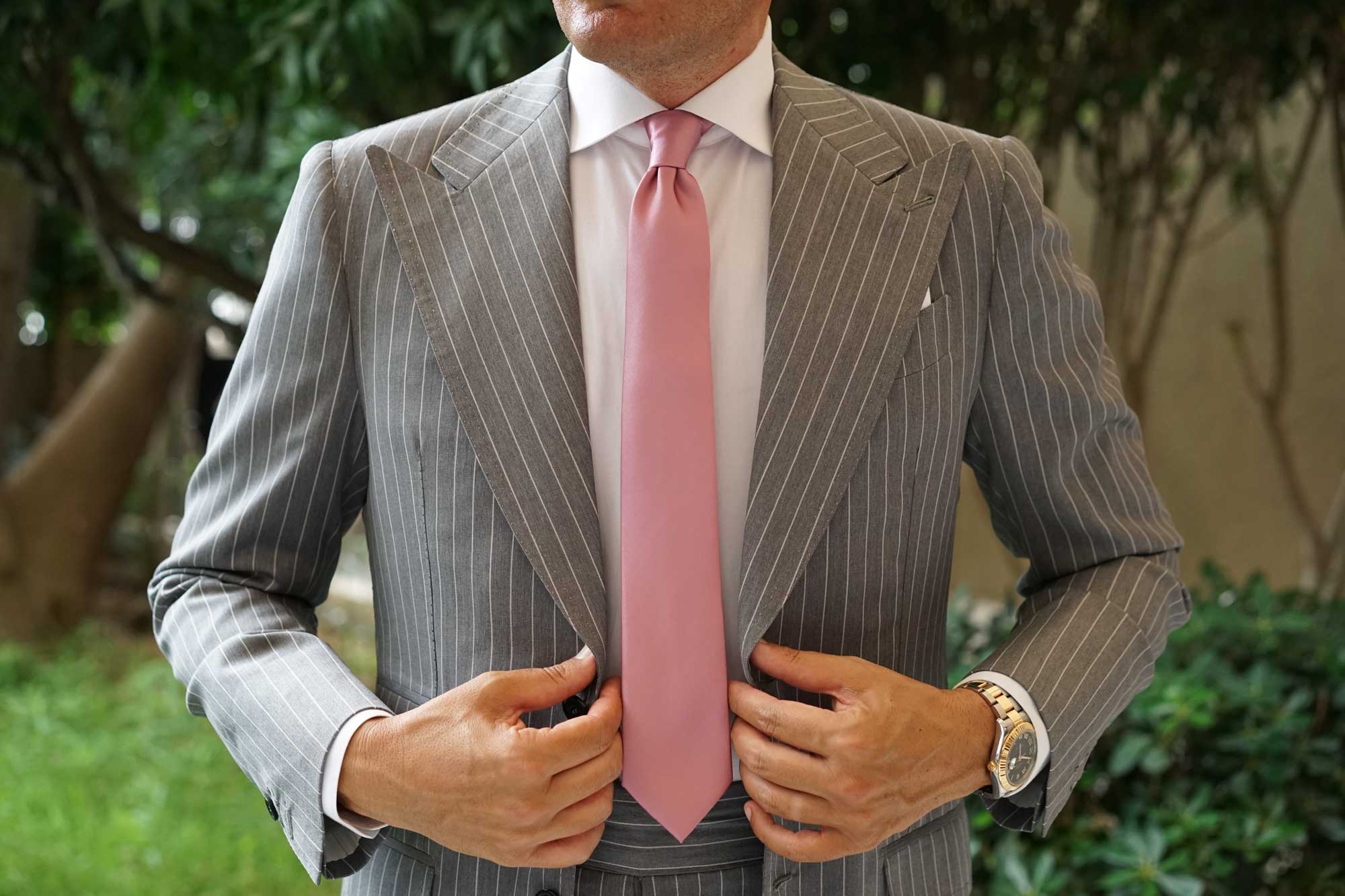 Dusty Rose Pink Satin Skinny Tie - Image 4
