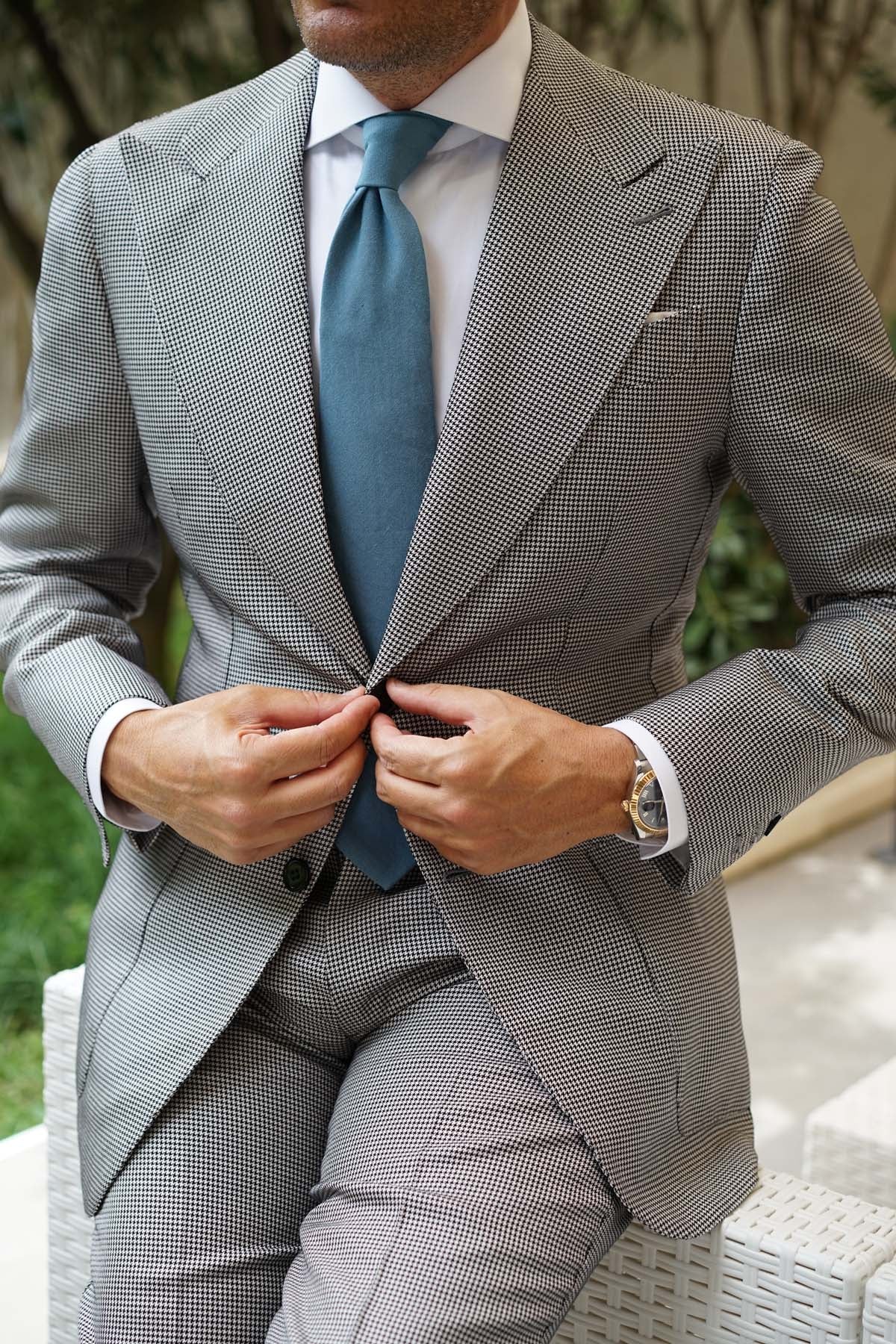 Dusty Teal Blue Linen Necktie - Image 5