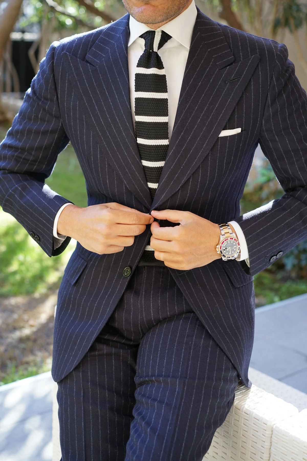 DuVall Black with White Stripes Knitted Tie - Image 6