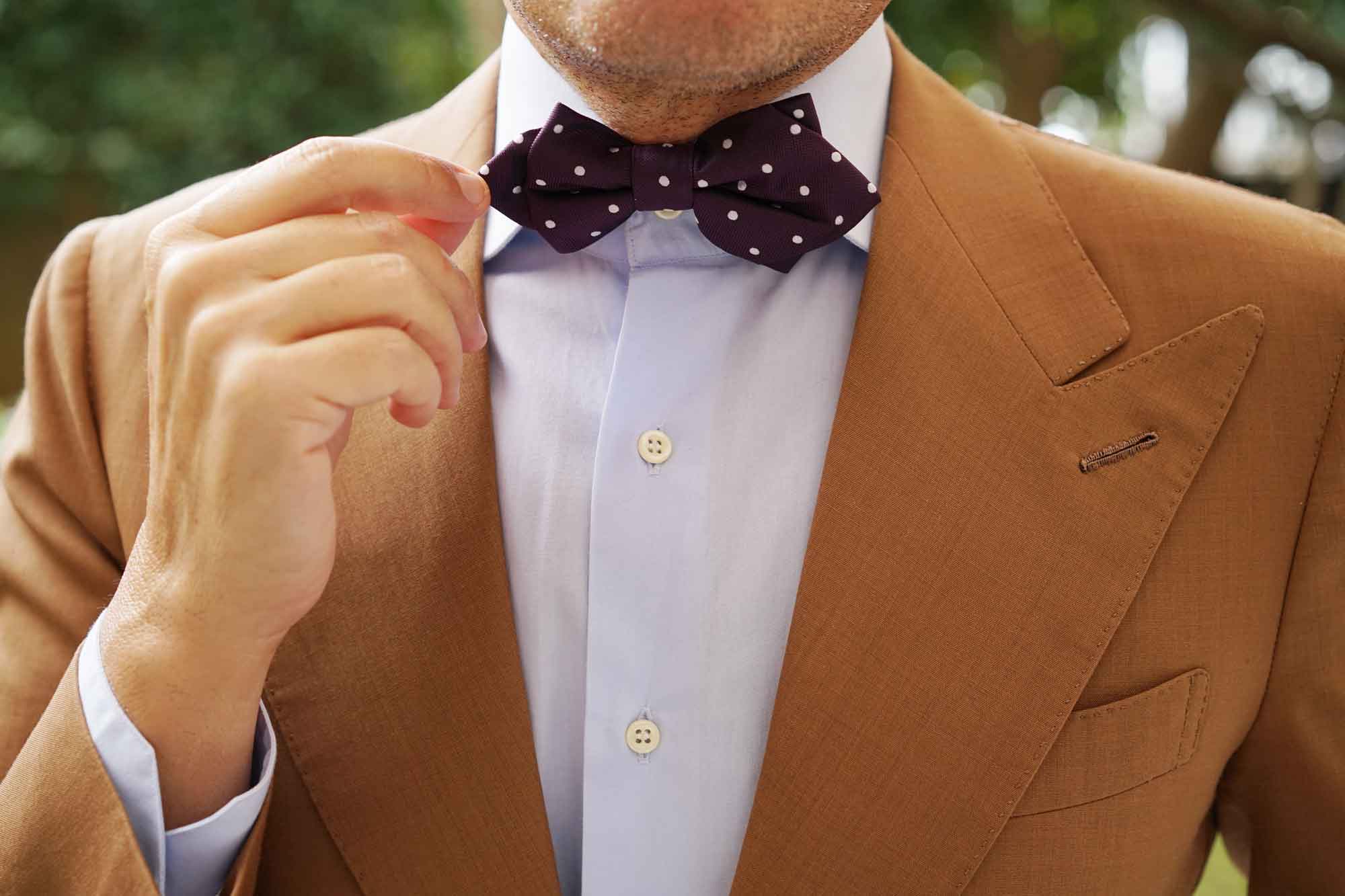 Eggplant Plum Purple with White Polka Dots Diamond Bow Tie - Image 7