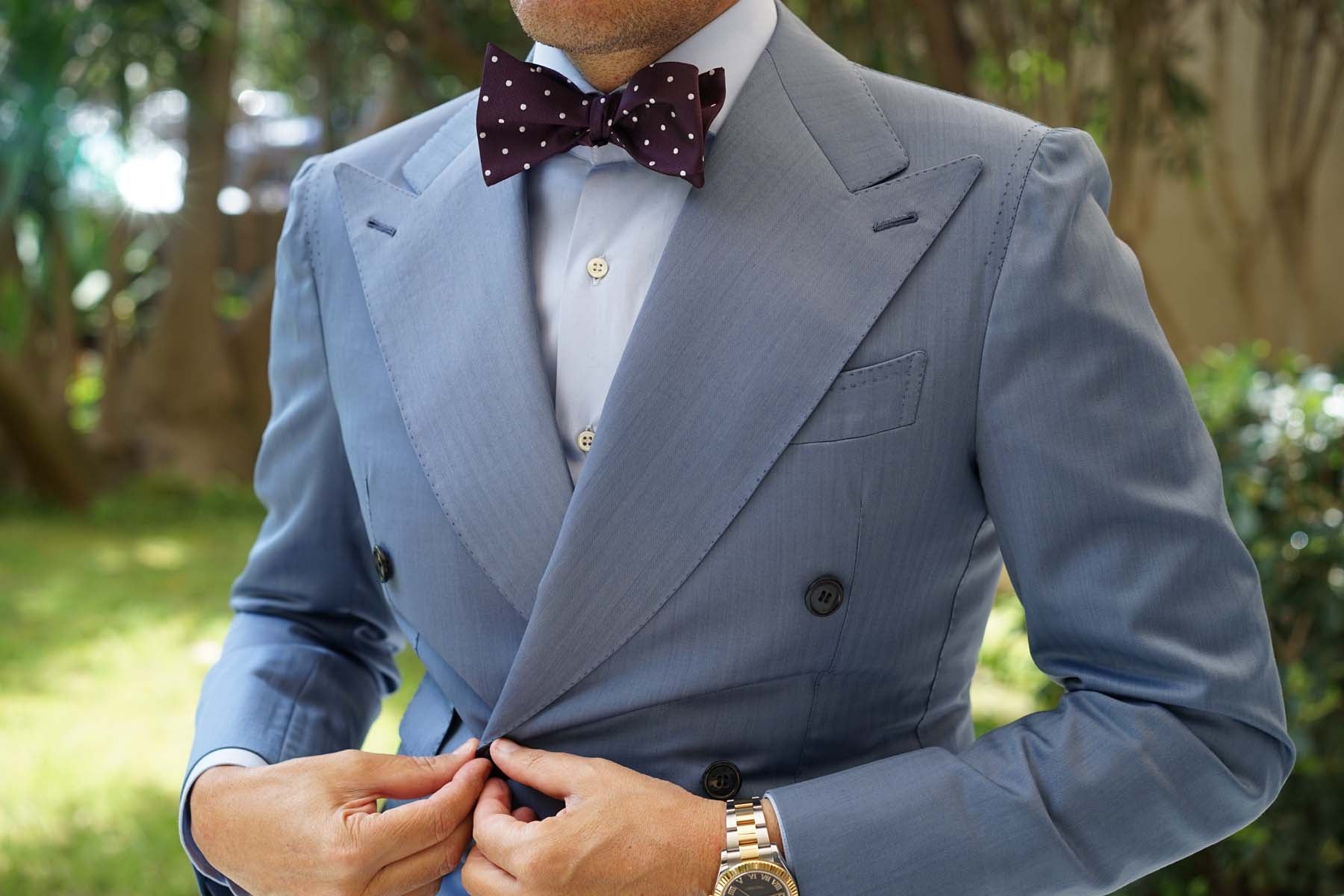Eggplant Plum Purple with White Polka Dots Self Tie Bow Tie - Image 4