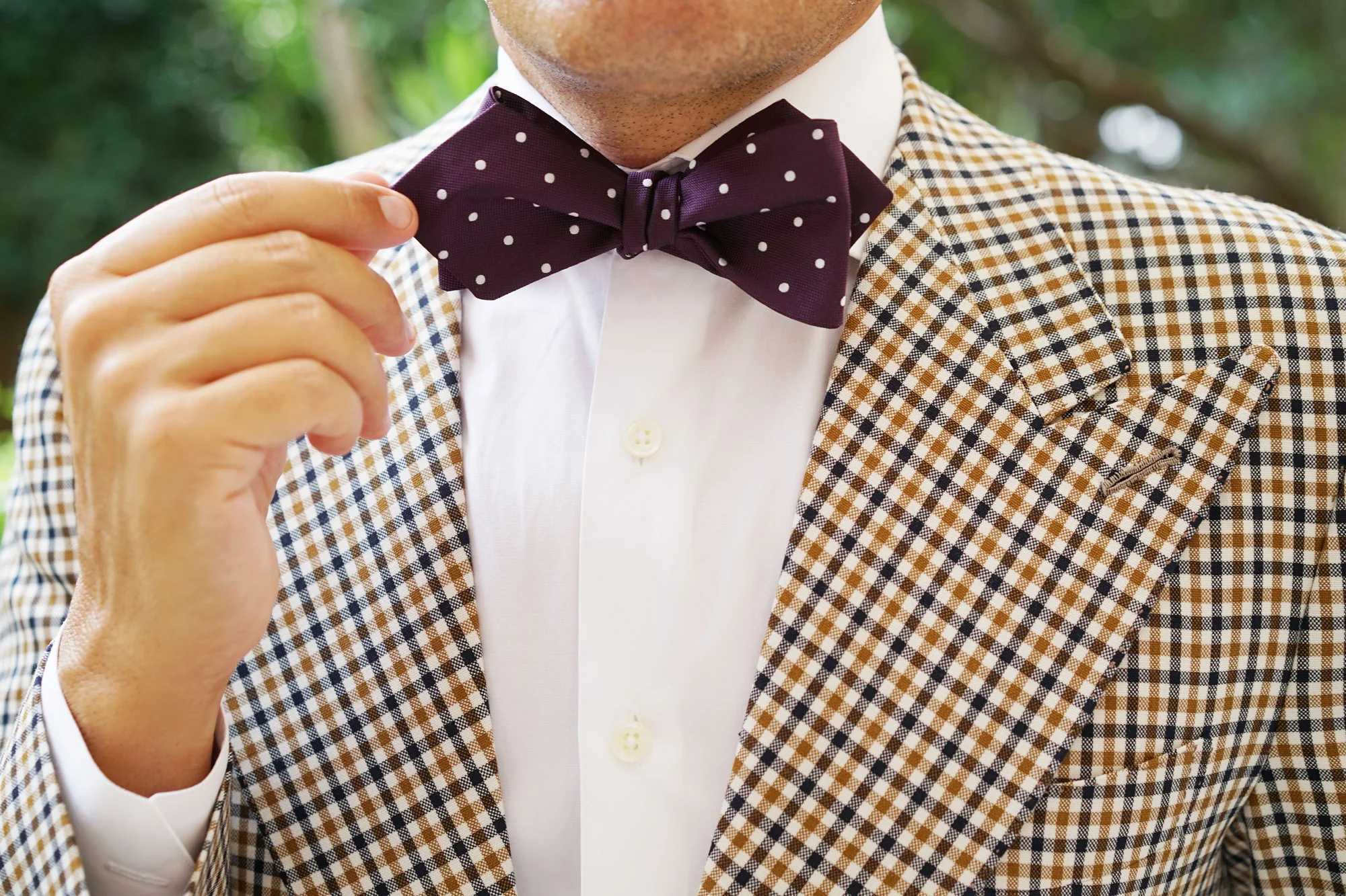 Eggplant Plum Purple with White Polka Dots Self Tie Diamond Tip Bow Tie - Image 10