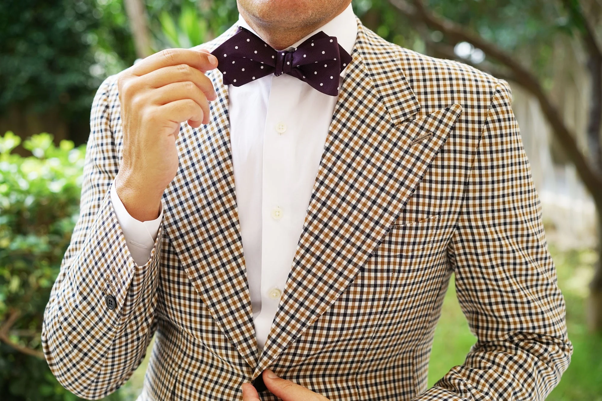 Eggplant Plum Purple with White Polka Dots Self Tie Diamond Tip Bow Tie - Image 9