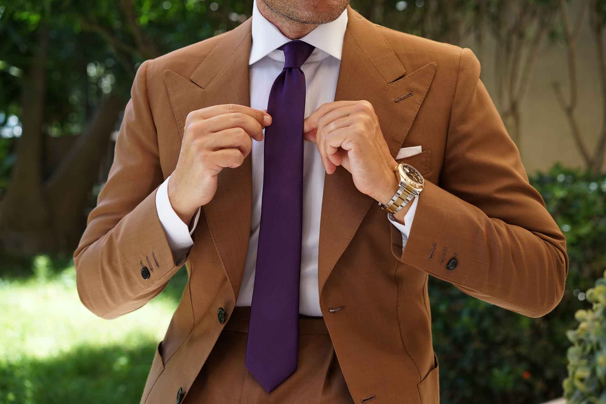 Eggplant Purple Satin Skinny Tie - Image 6