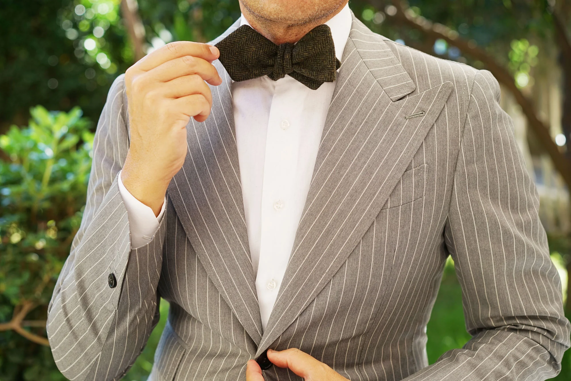 Essex Green Herringbone Textured Wool Diamond Self Bow Tie - Image 8