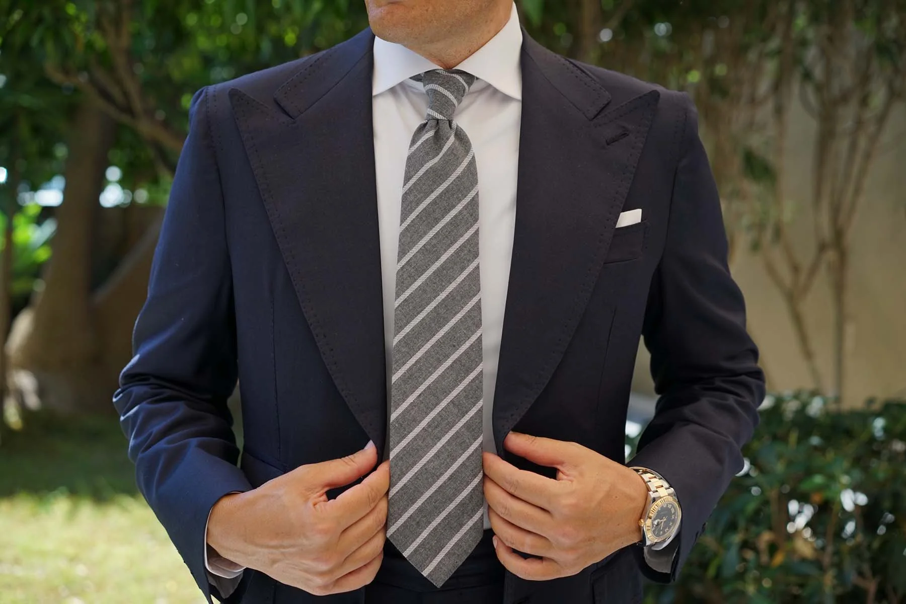 Galileo Pewter Grey Striped Linen Necktie - Image 10