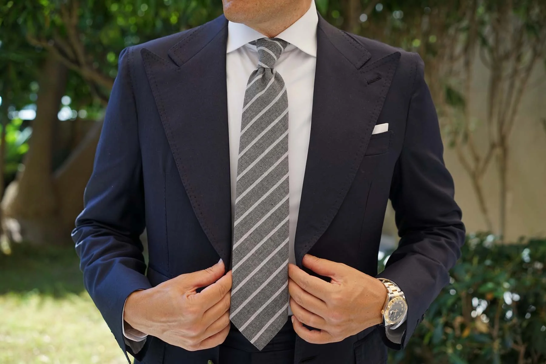 Galileo Pewter Grey Striped Linen Necktie - Image 4