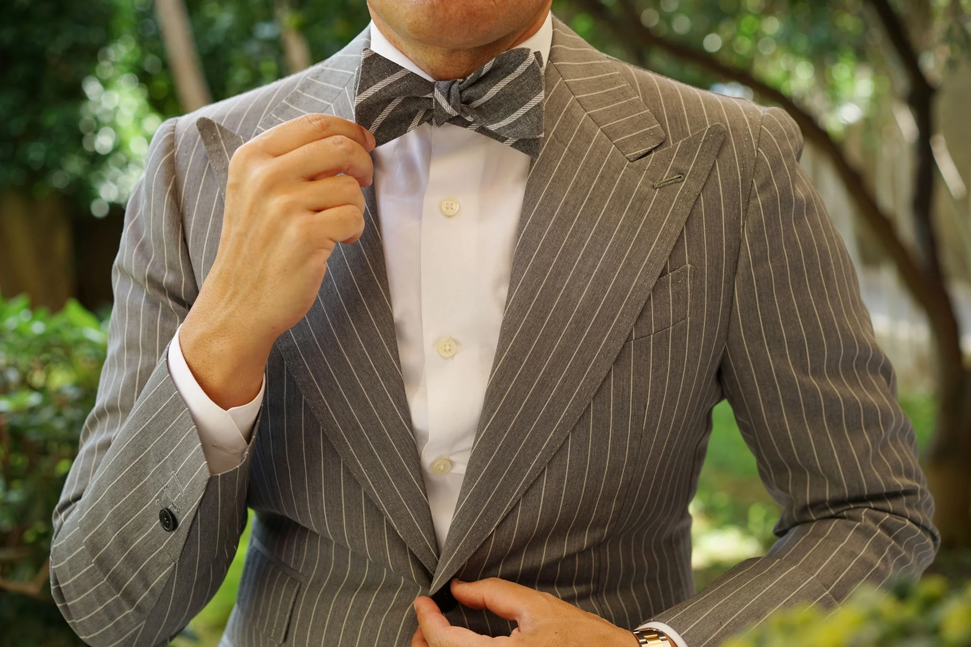 Galileo Pewter Grey Striped Linen Self Bow Tie - Image 9