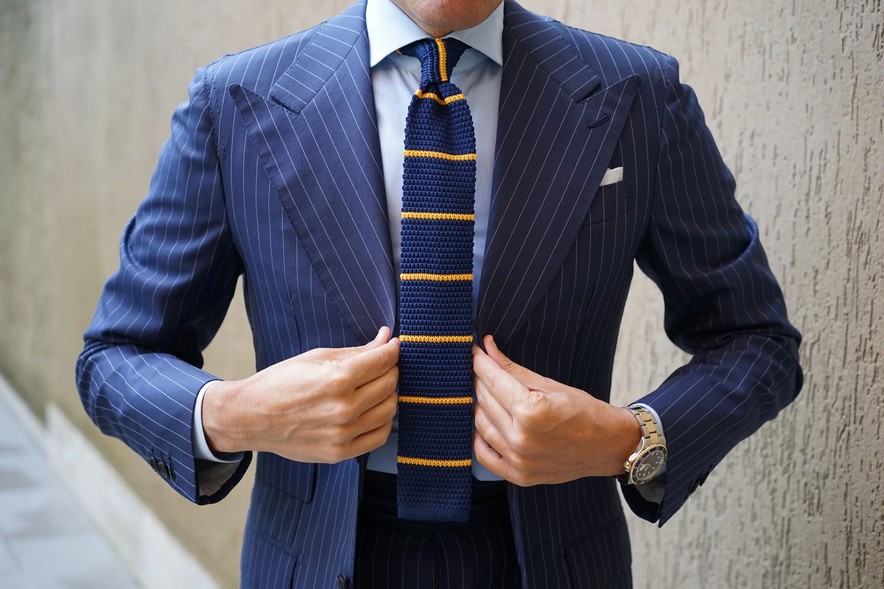 Gecko Navy Blue with Yellow Stripes Knitted Tie - Image 14
