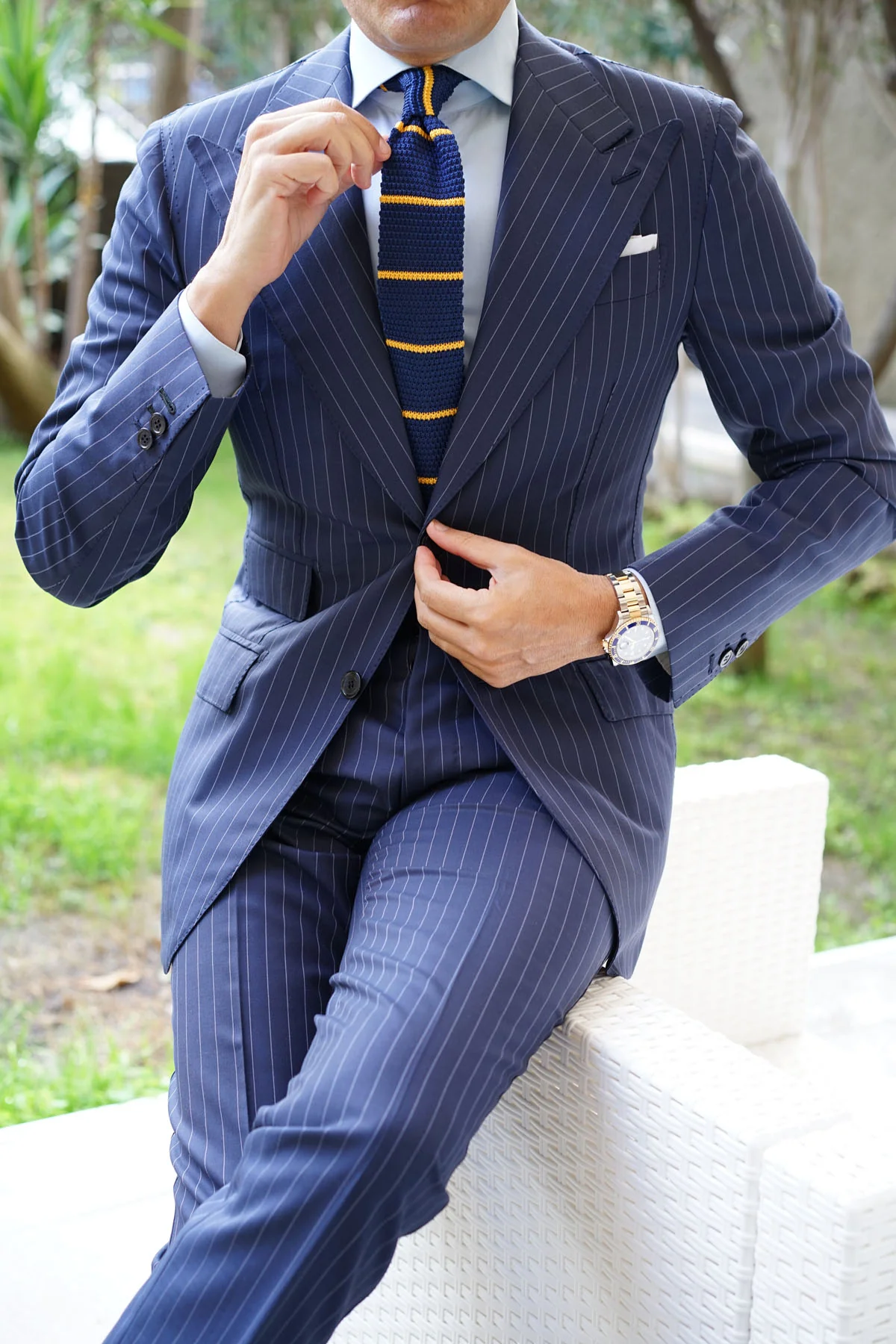 Gecko Navy Blue with Yellow Stripes Knitted Tie - Image 4
