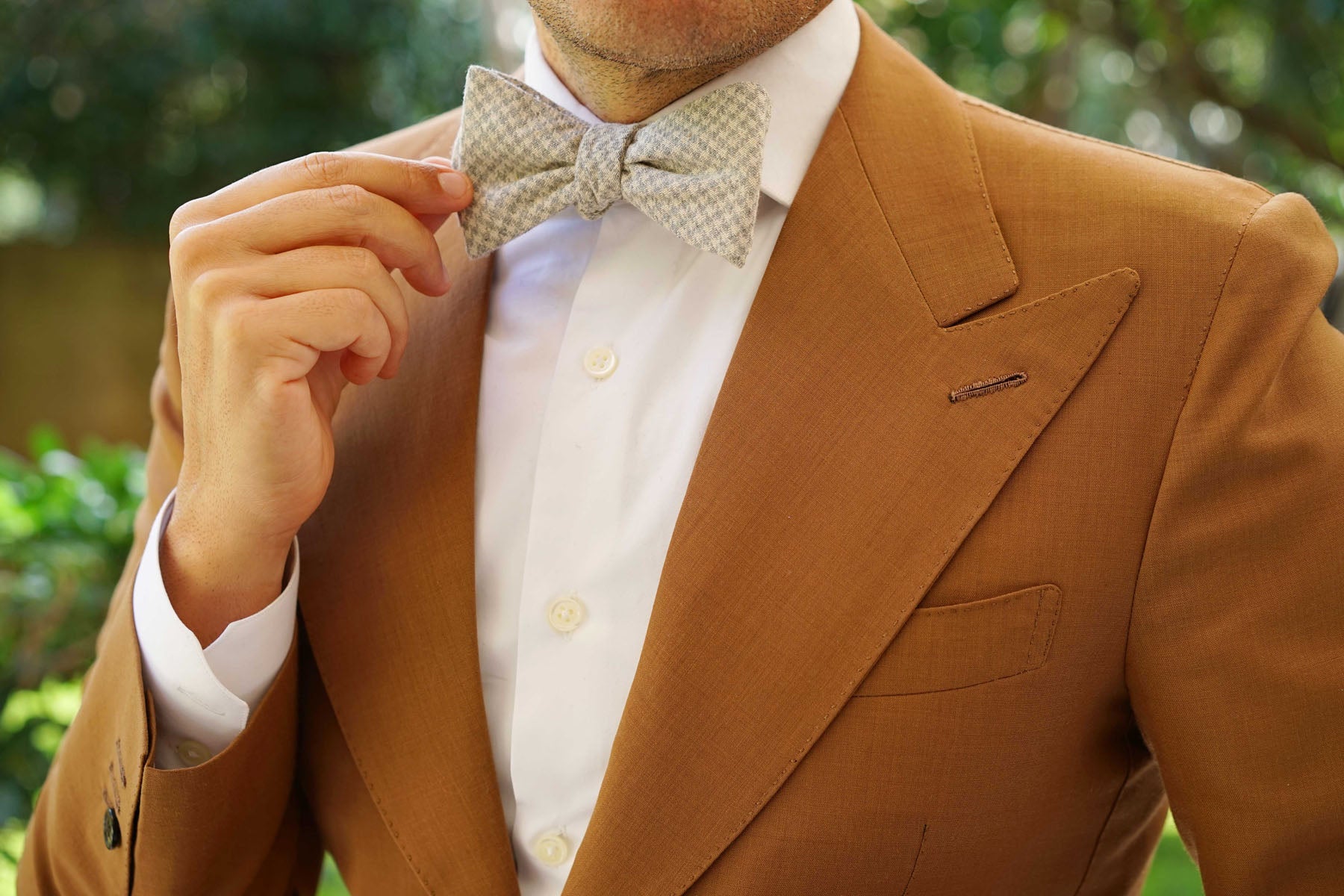 Gray Houndstooth Khaki Linen Self Bow Tie - Image 8